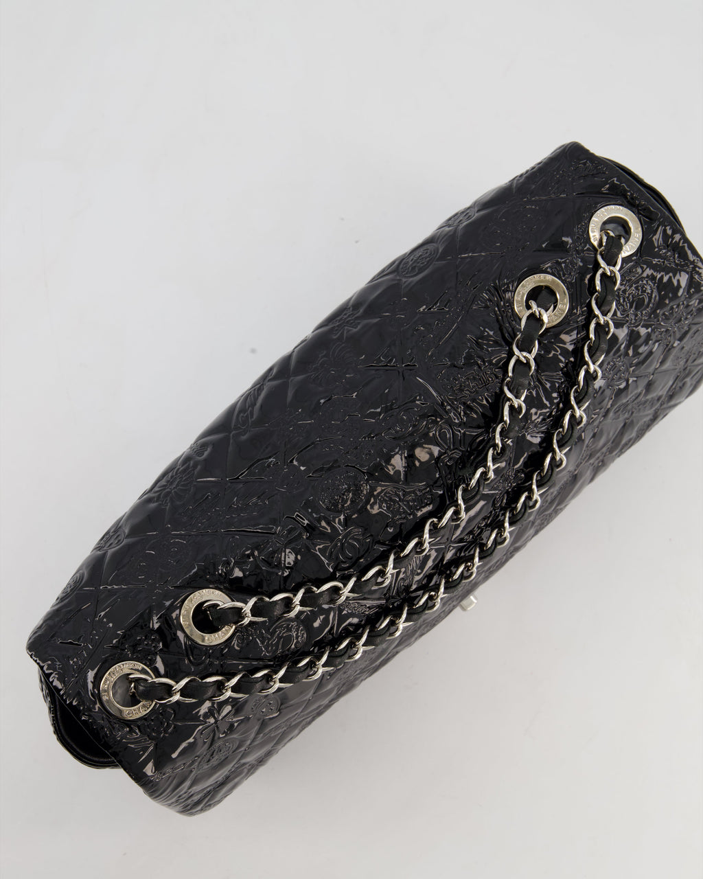 Chanel Black Patent East West Single Flap Bag with Embossed Charm Details and Silver Hardware