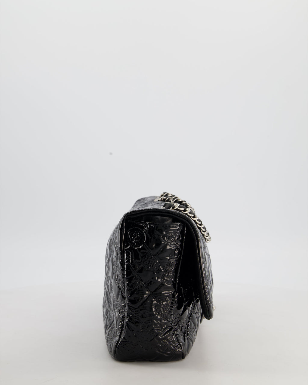 Chanel Black Patent East West Single Flap Bag with Embossed Charm Details and Silver Hardware