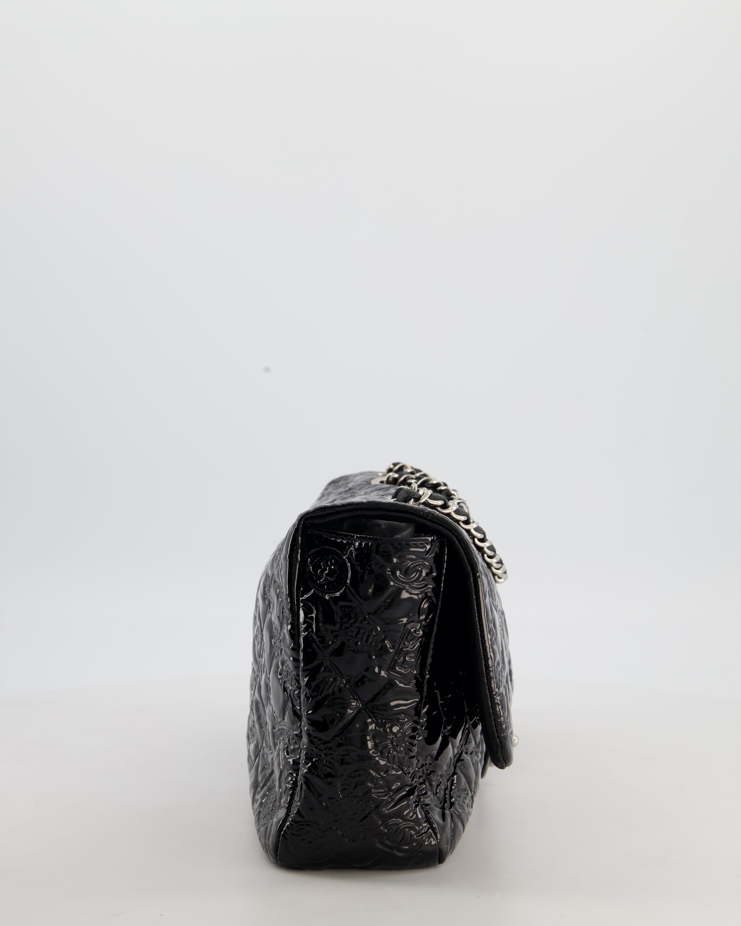 Chanel Black Patent East West Single Flap Bag with Embossed Charm Details and Silver Hardware