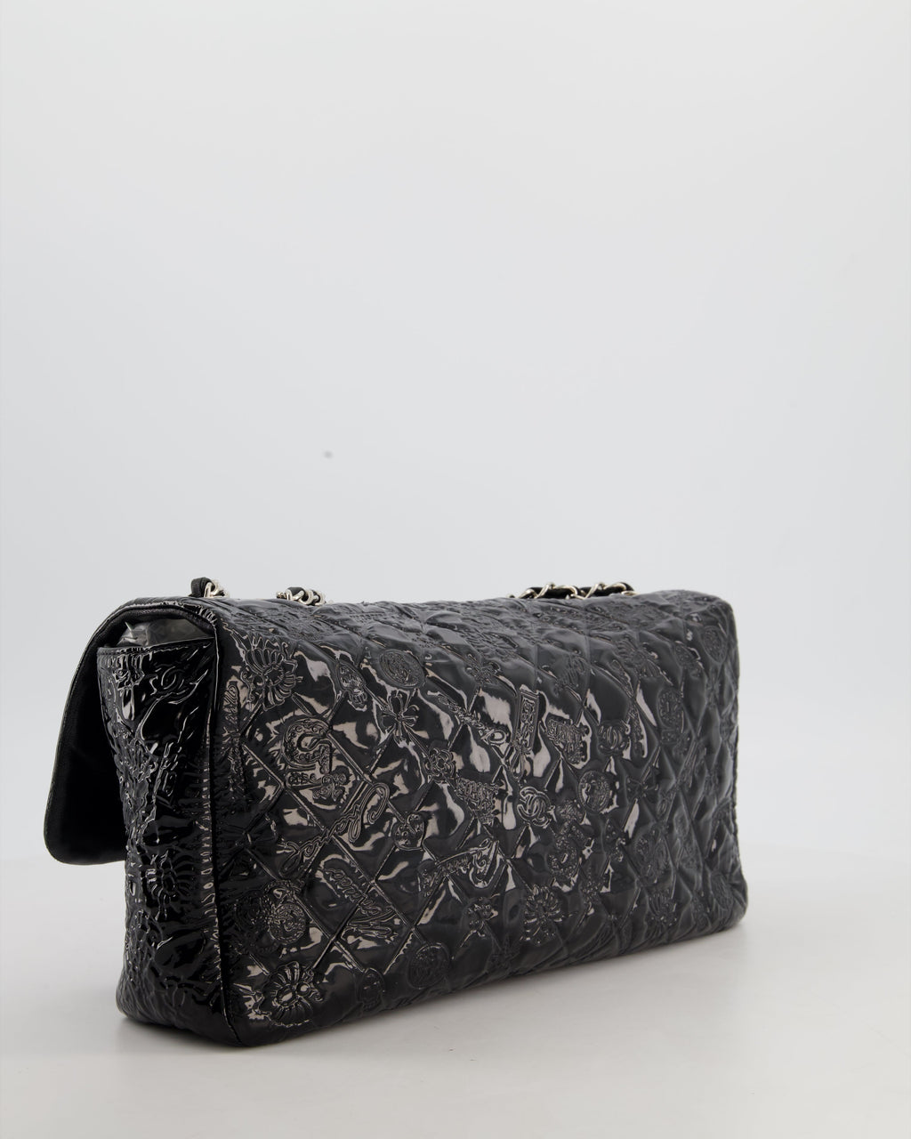 Chanel Black Patent East West Single Flap Bag with Embossed Charm Details and Silver Hardware