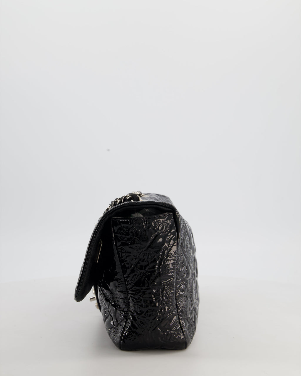 Chanel Black Patent East West Single Flap Bag with Embossed Charm Details and Silver Hardware