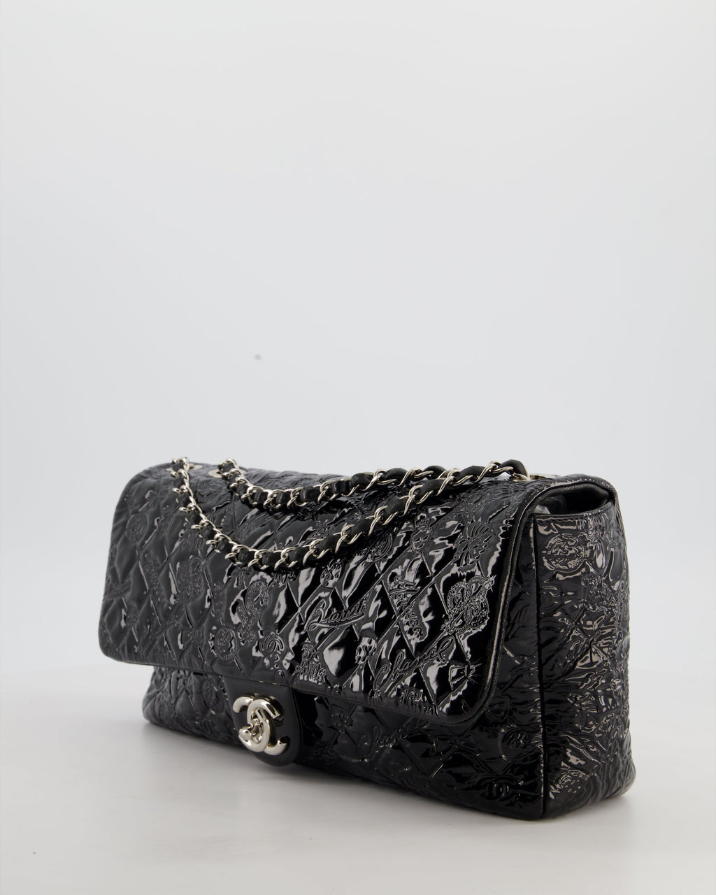 Chanel Black Patent East West Single Flap Bag with Embossed Charm Details and Silver Hardware