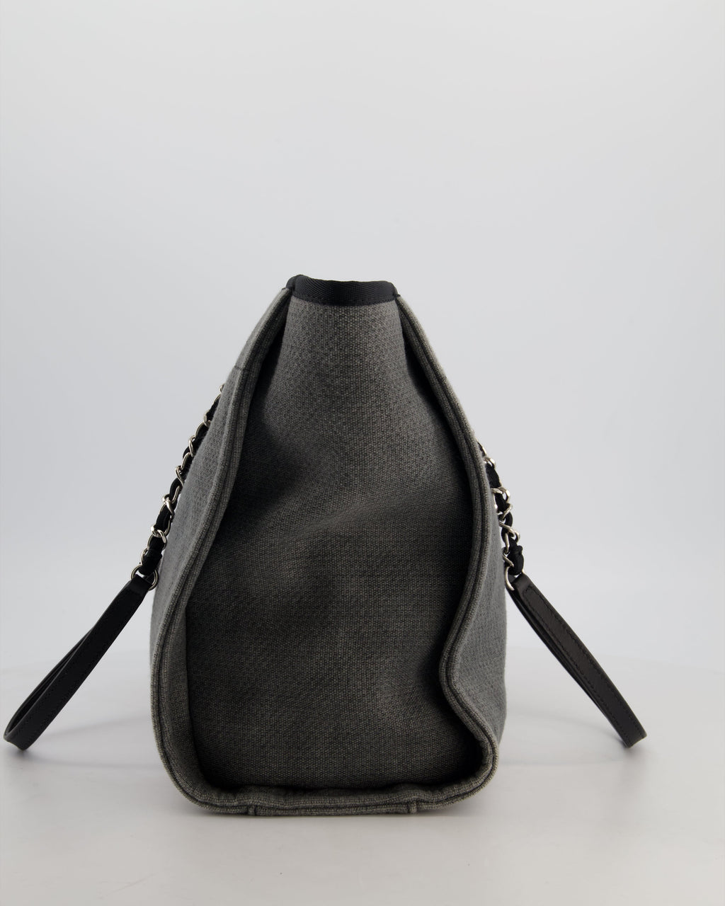 Chanel Grey Black Small Canvas Deauville Tote Bag with Silver Hardware
