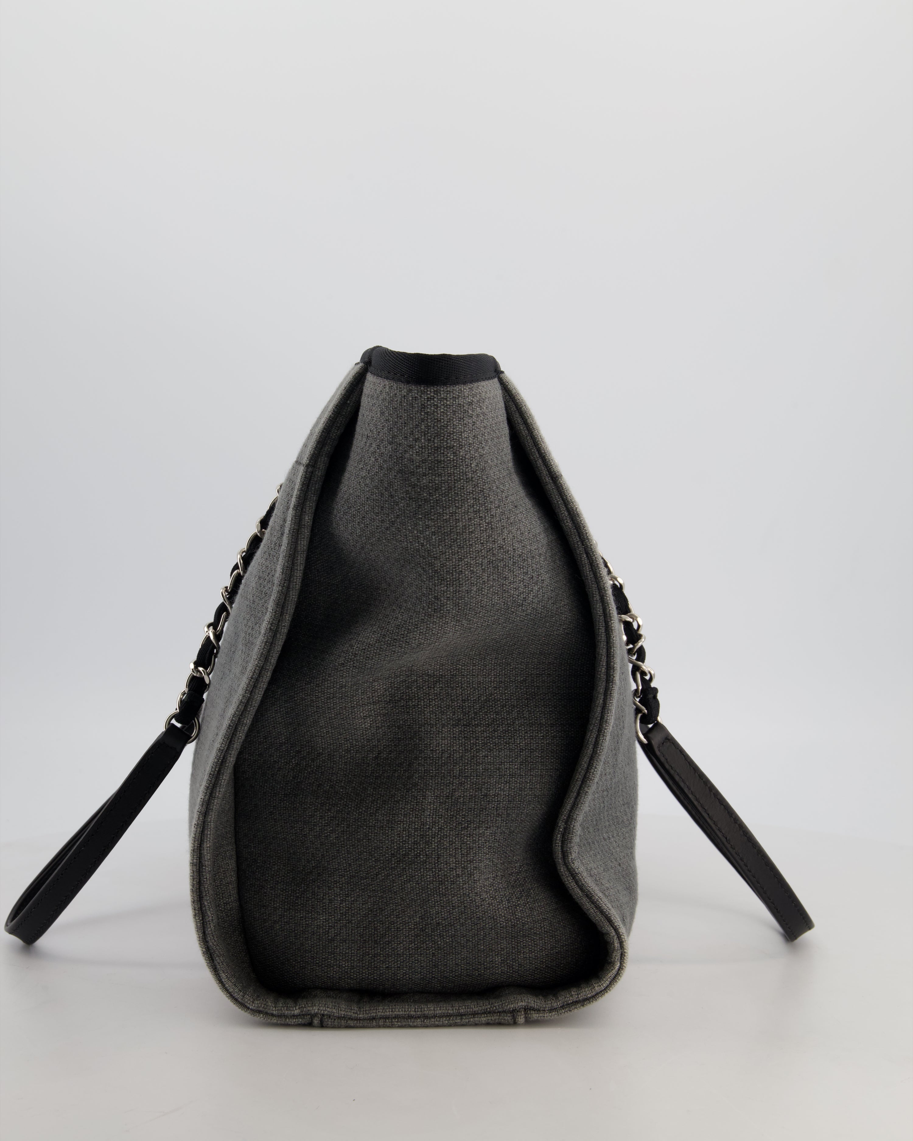Chanel Grey Black Small Canvas Deauville Tote Bag with Silver Hardware