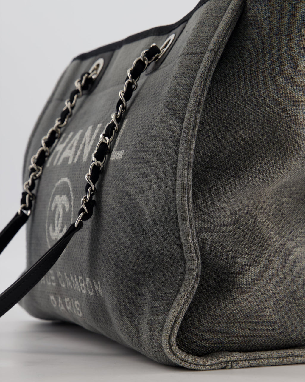 Chanel Grey Black Small Canvas Deauville Tote Bag with Silver Hardware