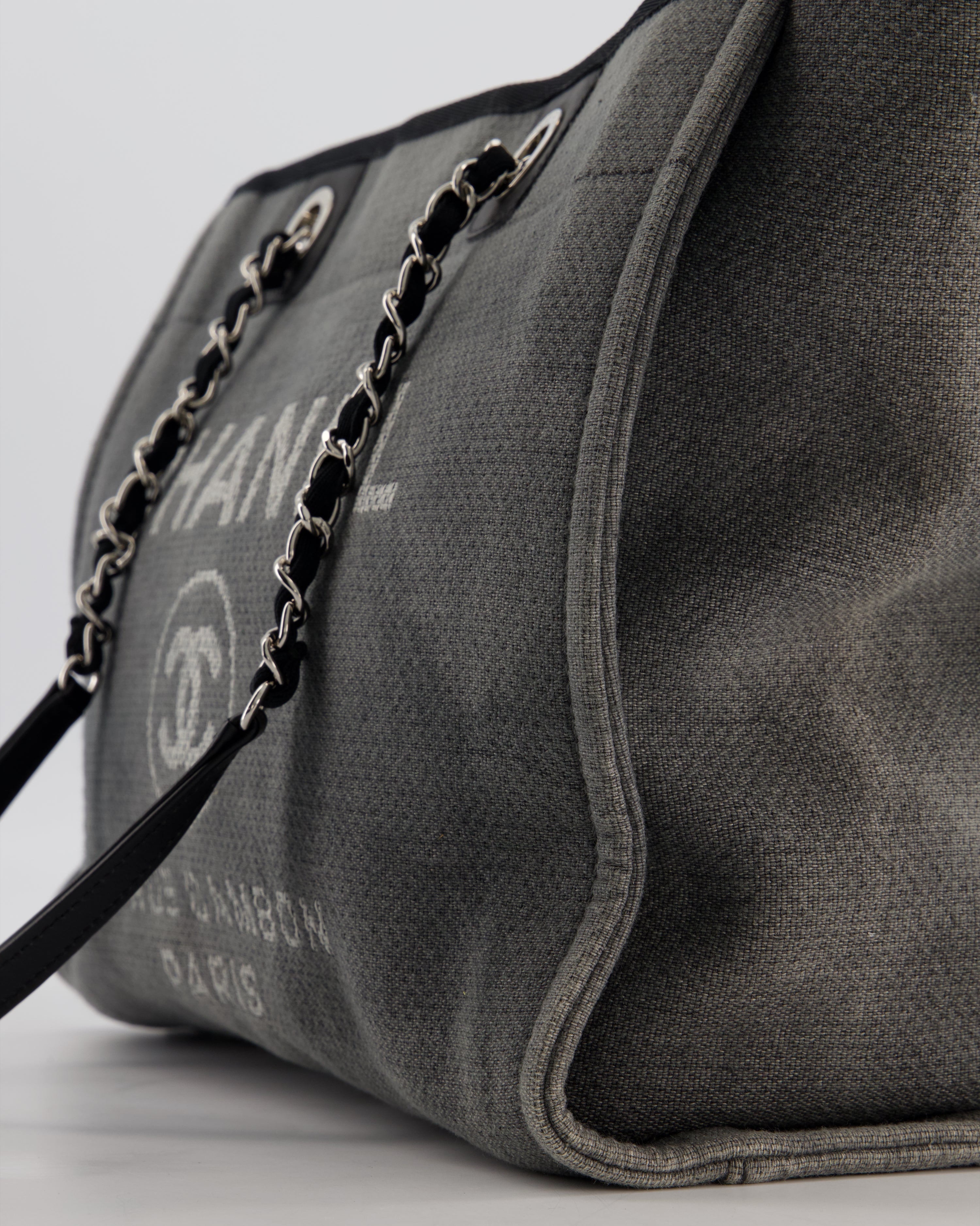 Chanel Grey Black Small Canvas Deauville Tote Bag with Silver Hardware