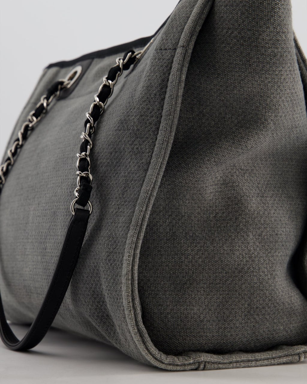 Chanel Grey Black Small Canvas Deauville Tote Bag with Silver Hardware