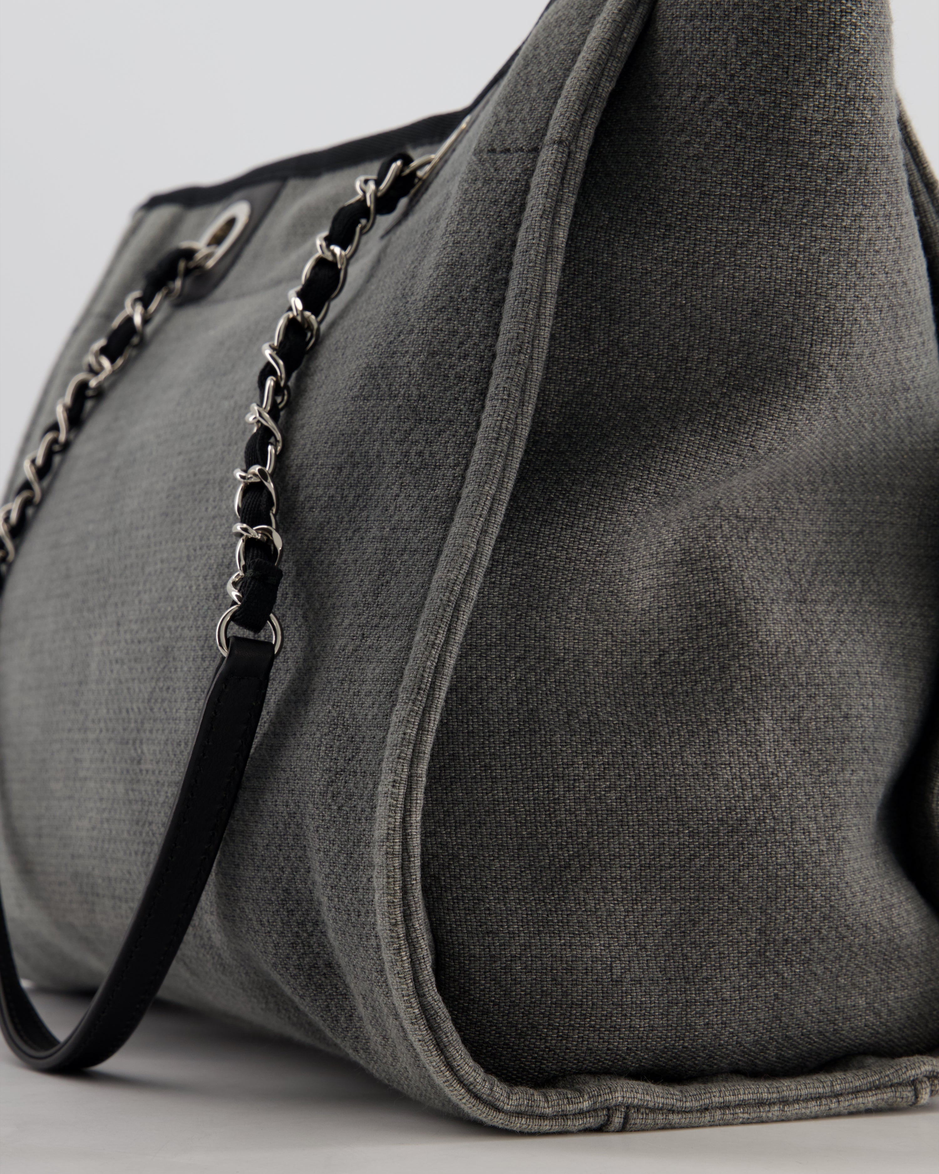 Chanel Grey Black Small Canvas Deauville Tote Bag with Silver Hardware