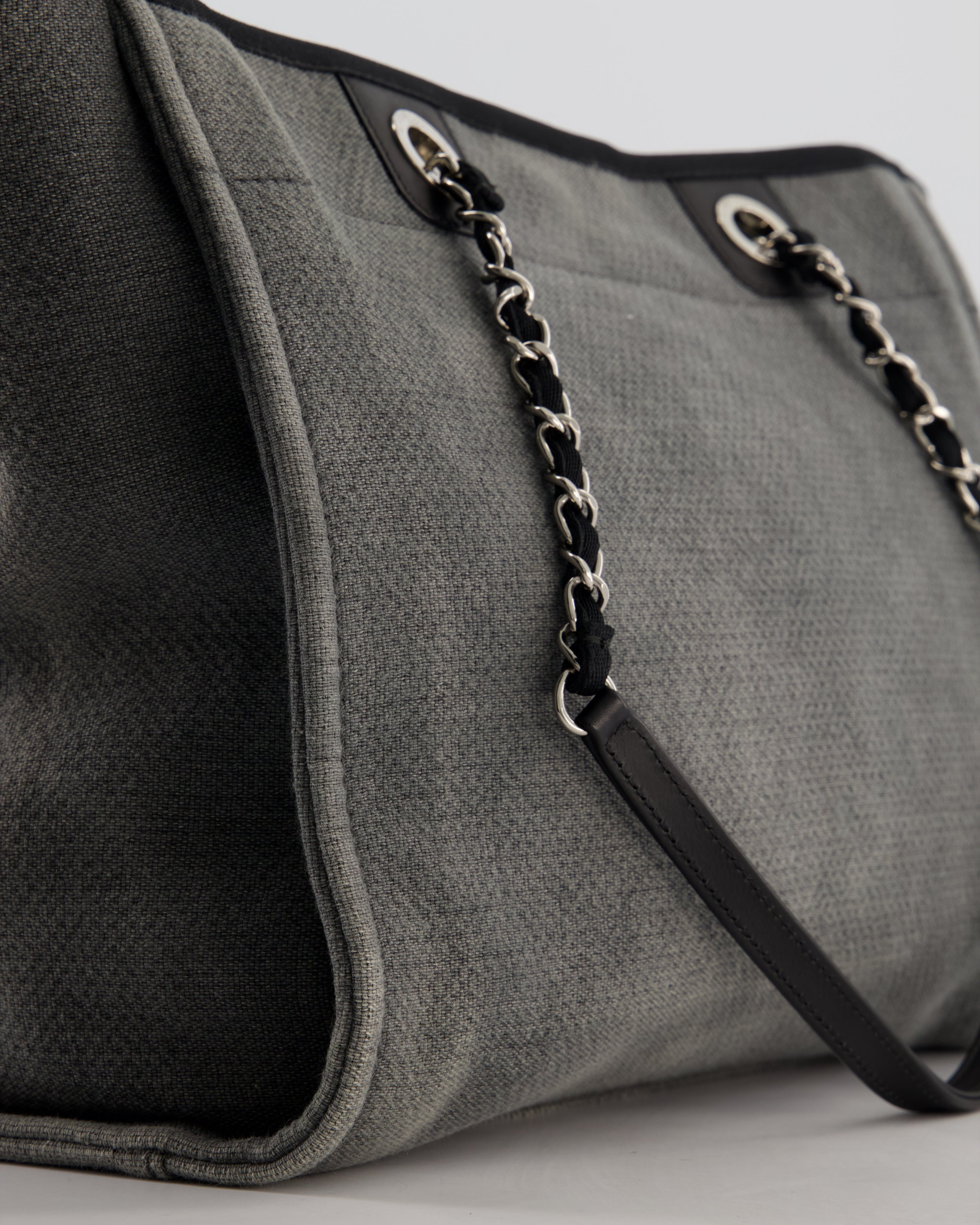 Chanel Grey Black Small Canvas Deauville Tote Bag with Silver Hardware