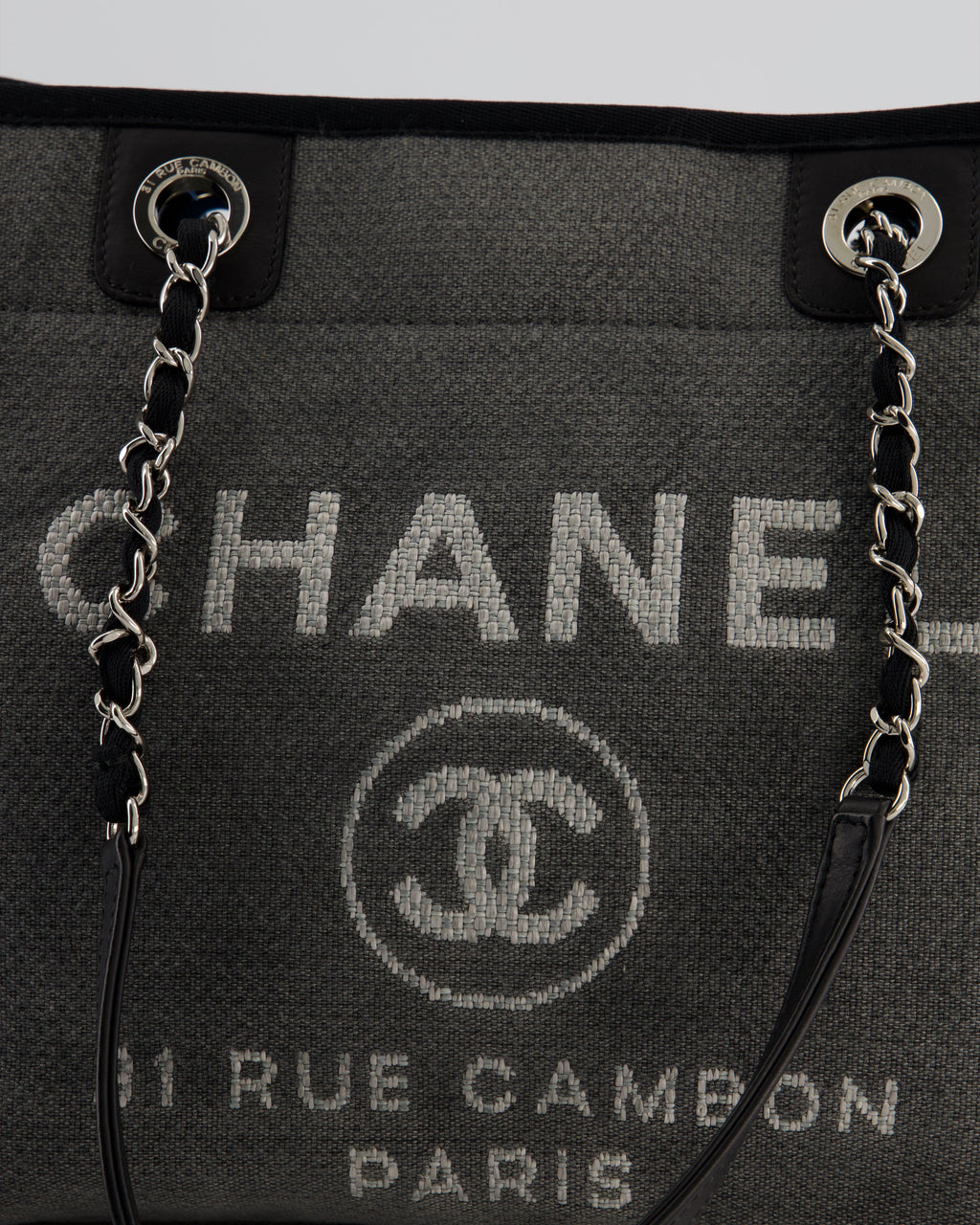 Chanel Grey Black Small Canvas Deauville Tote Bag with Silver Hardware