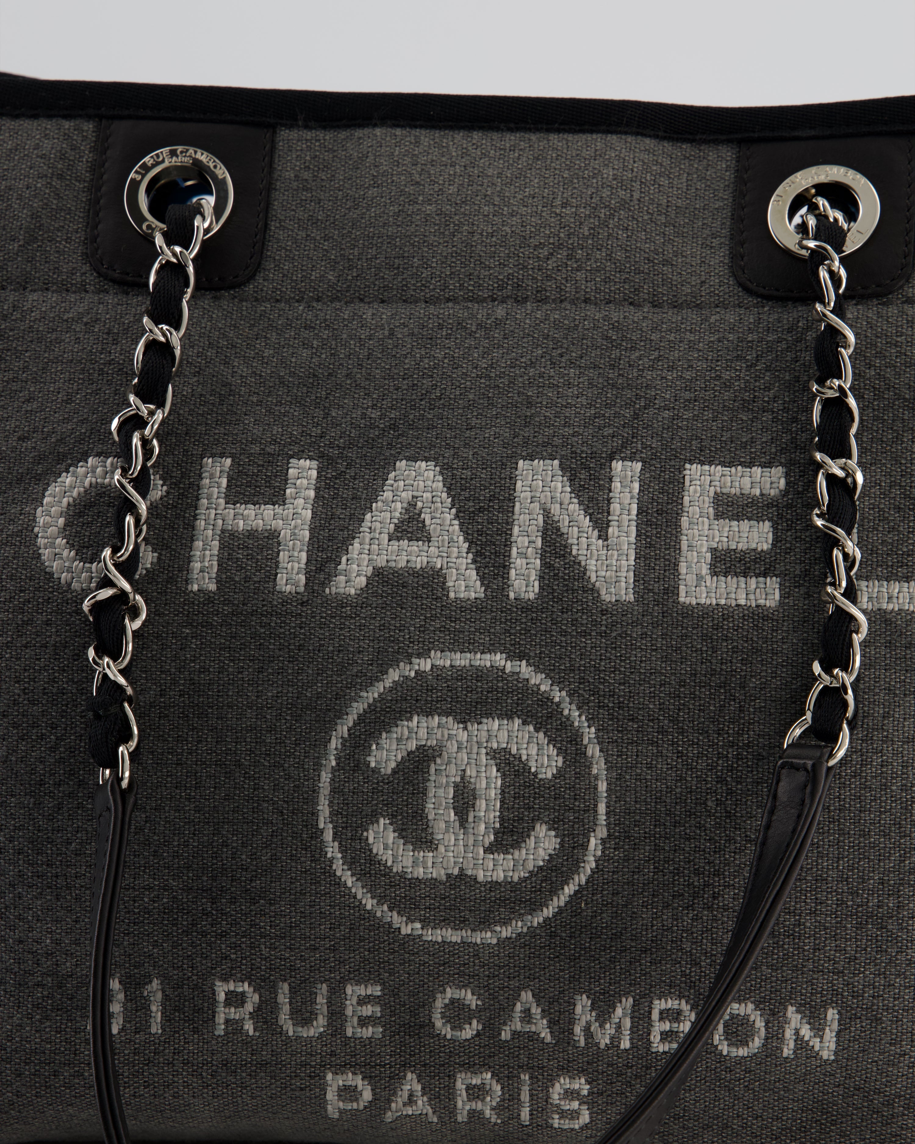 Chanel Grey Black Small Canvas Deauville Tote Bag with Silver Hardware