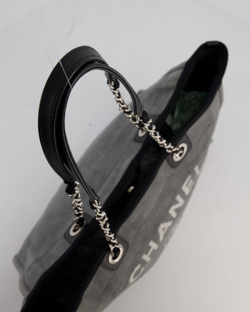 Chanel Grey Black Small Canvas Deauville Tote Bag with Silver Hardware