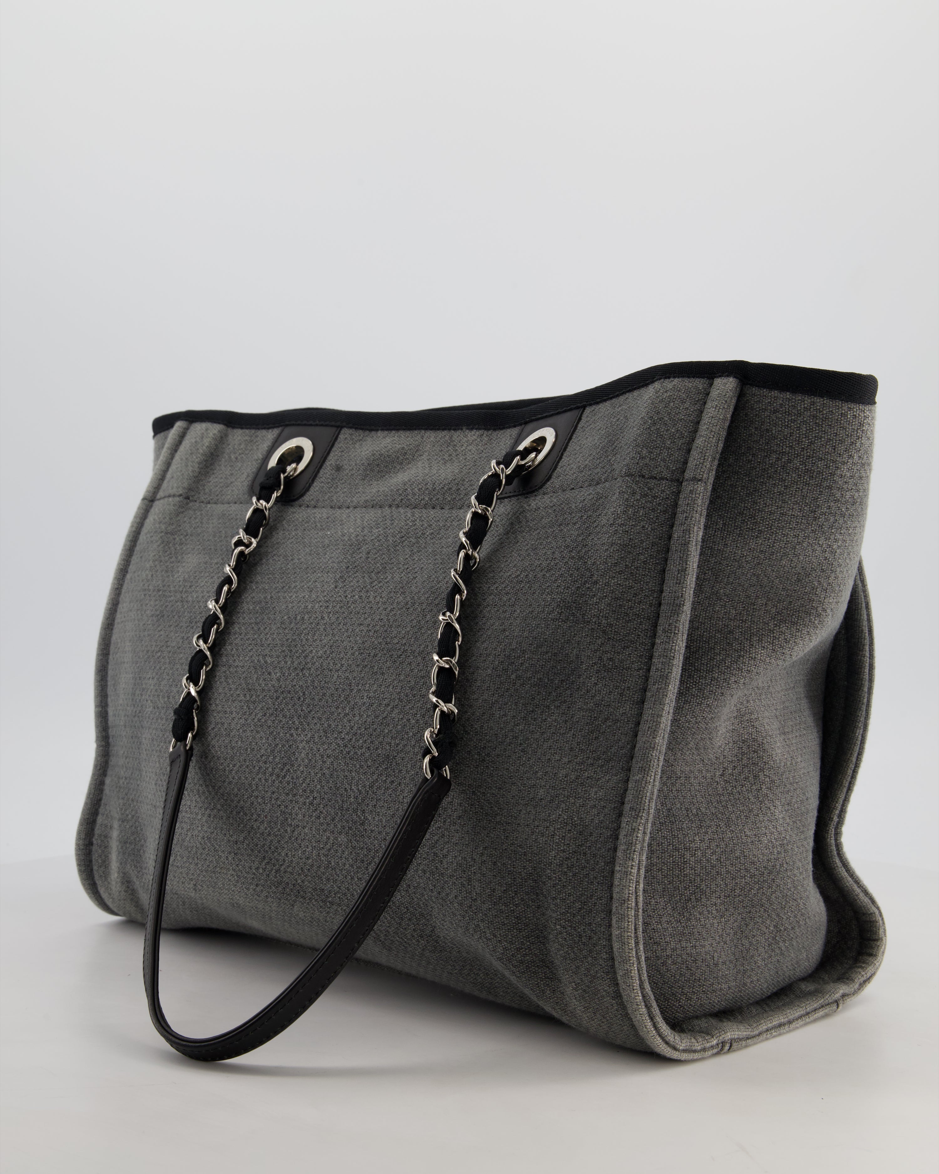 Chanel Grey Black Small Canvas Deauville Tote Bag with Silver Hardware