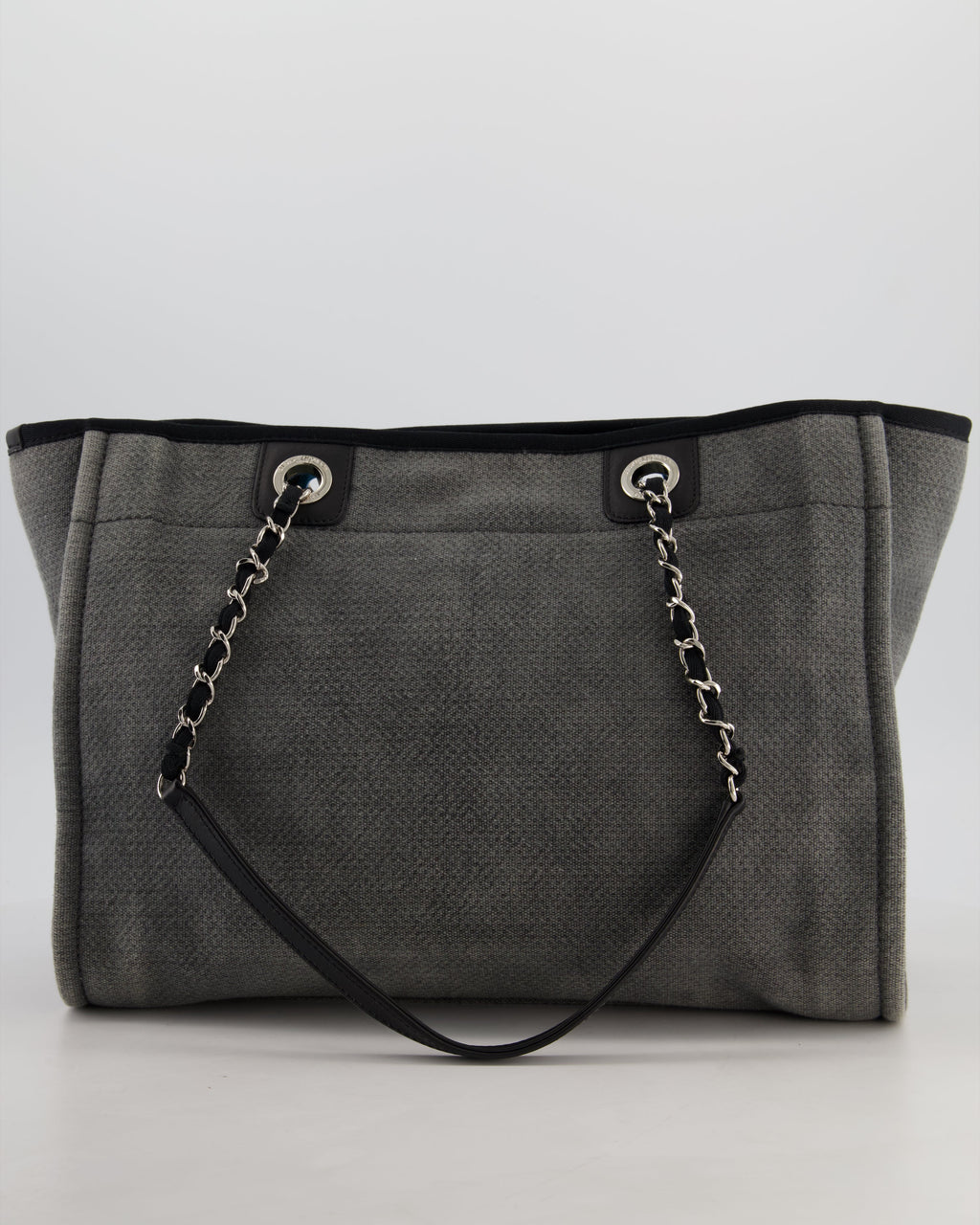 Chanel Grey Black Small Canvas Deauville Tote Bag with Silver Hardware