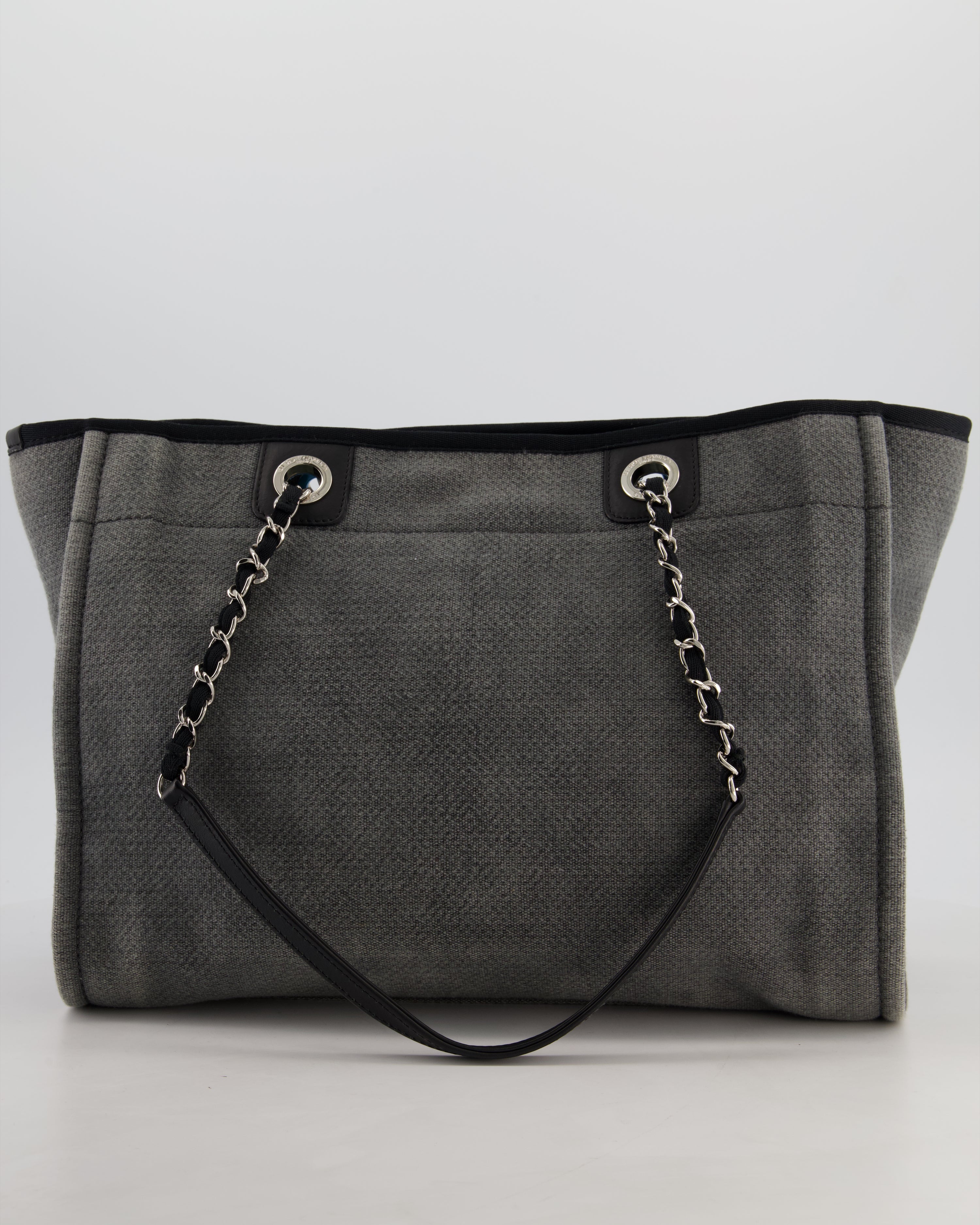 Chanel Grey Black Small Canvas Deauville Tote Bag with Silver Hardware