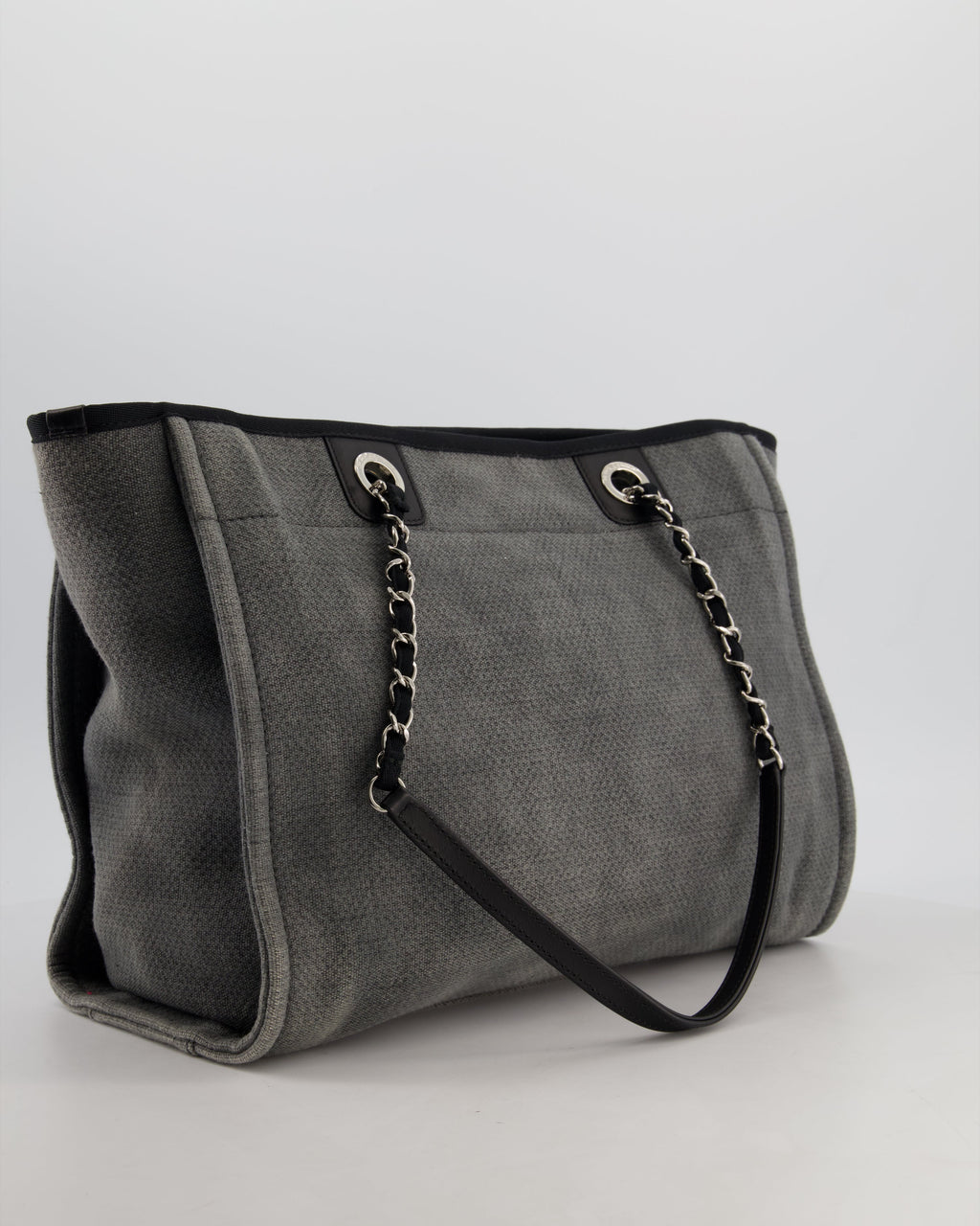 Chanel Grey Black Small Canvas Deauville Tote Bag with Silver Hardware