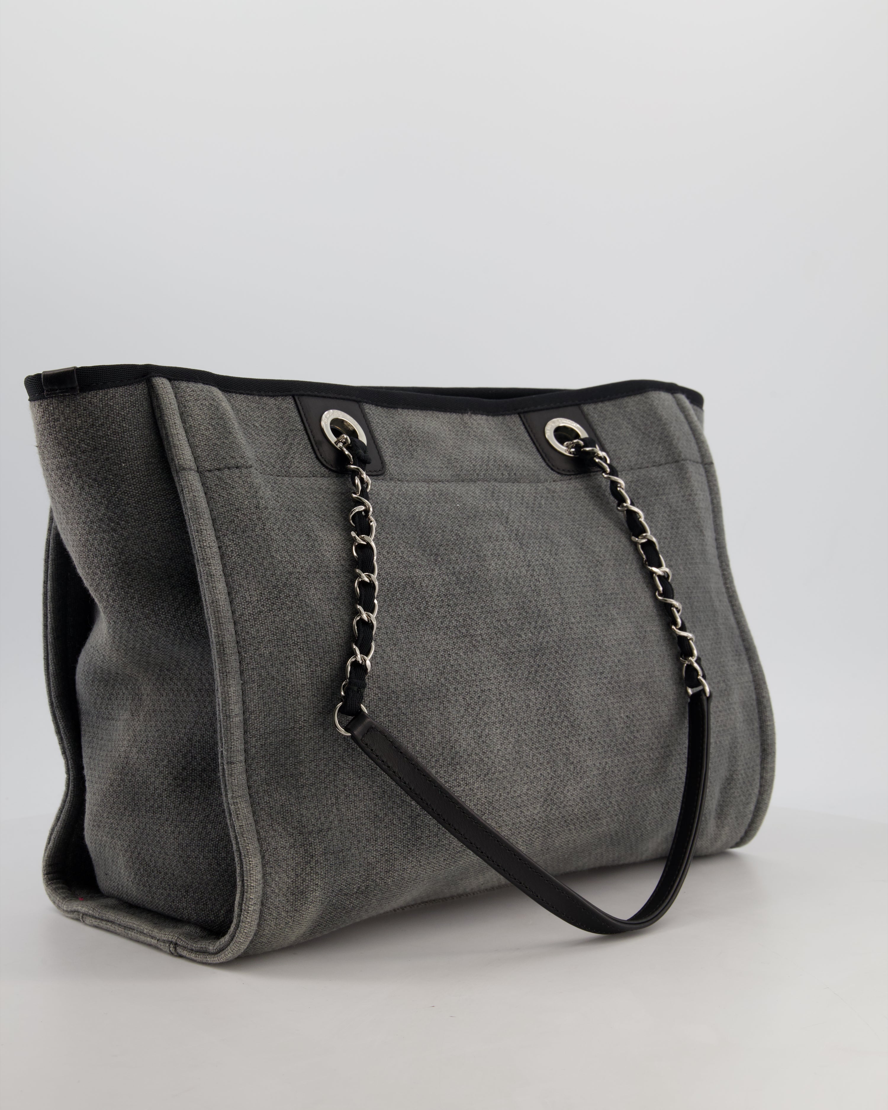 Chanel Grey Black Small Canvas Deauville Tote Bag with Silver Hardware
