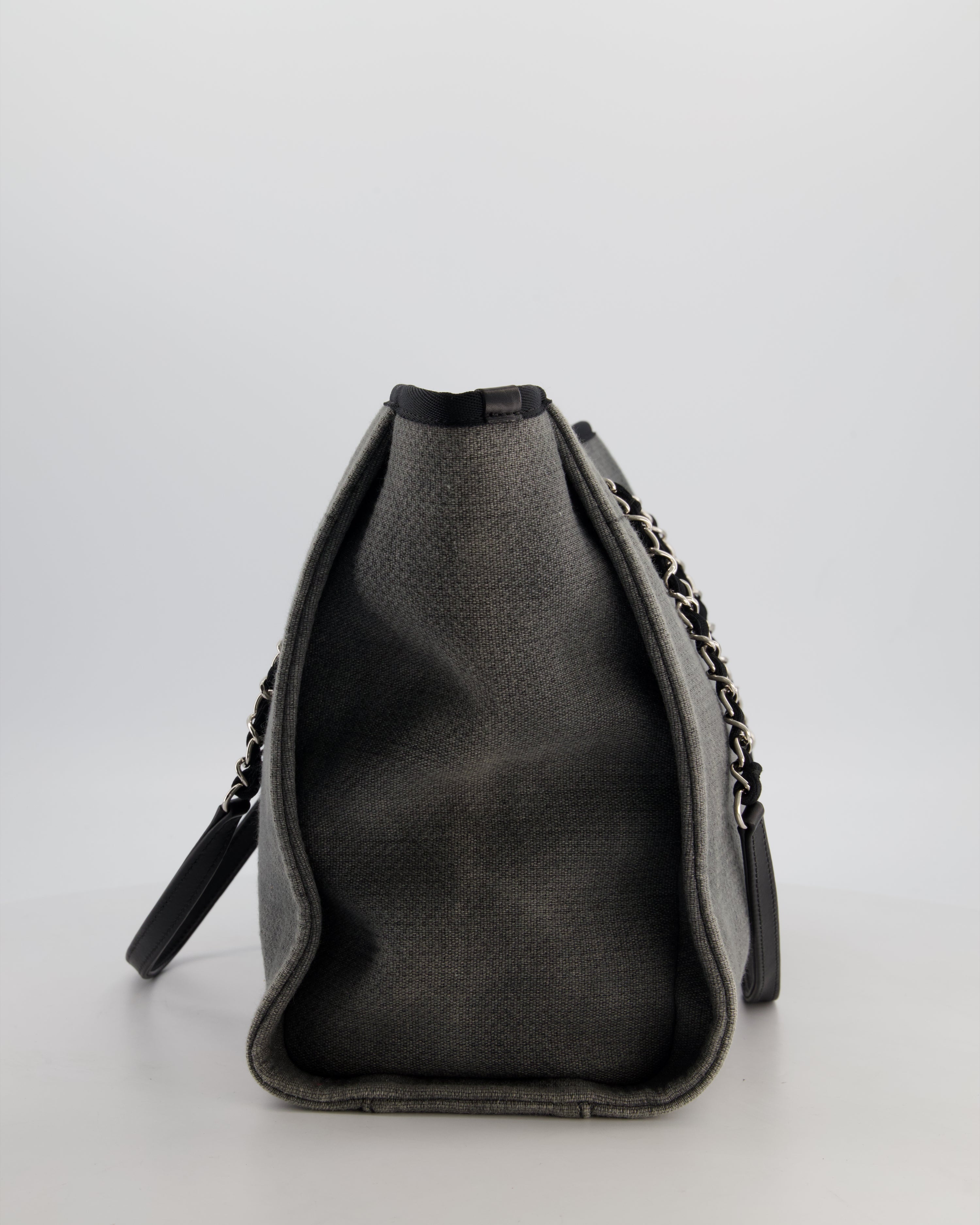 Chanel Grey Black Small Canvas Deauville Tote Bag with Silver Hardware