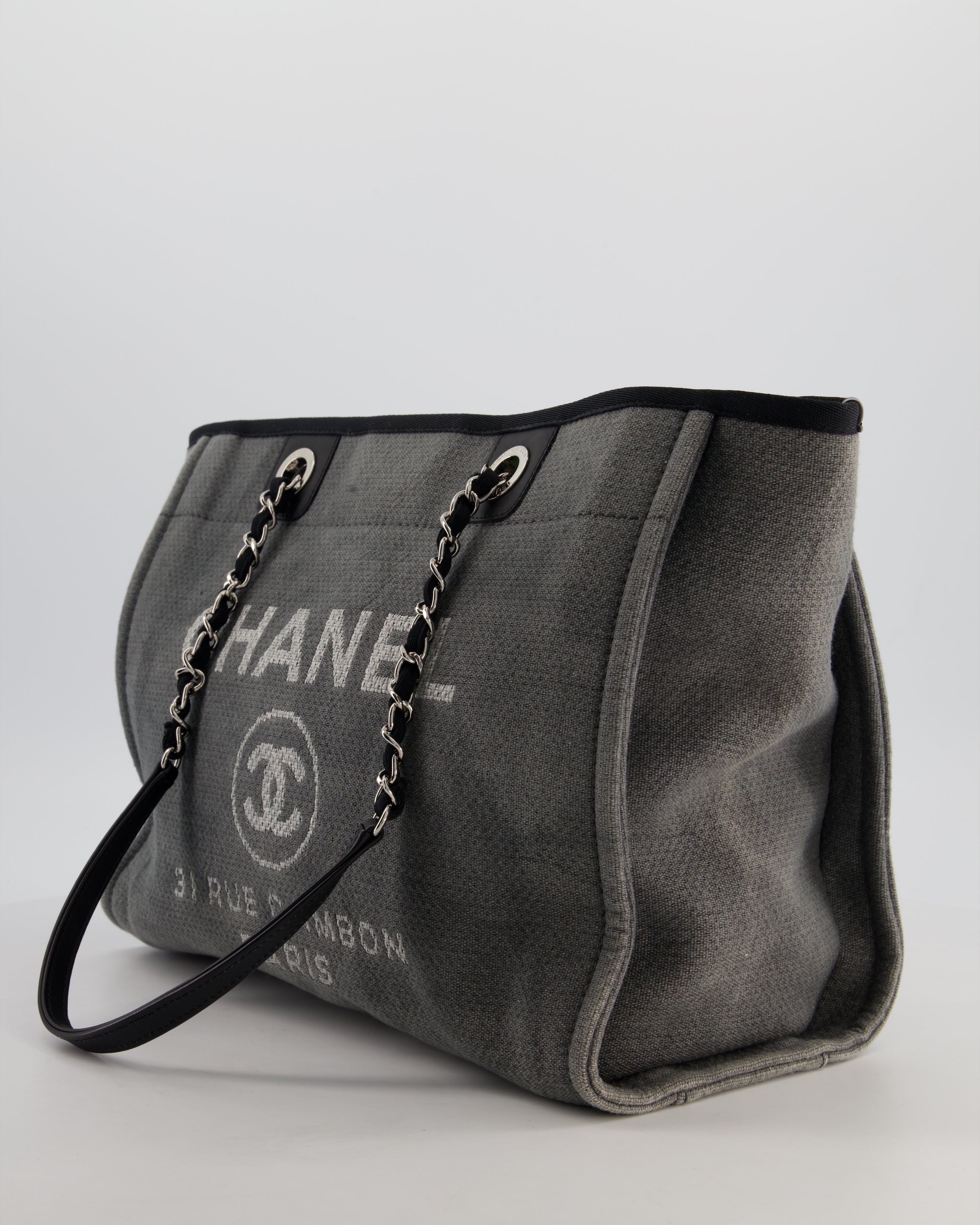Chanel Grey Black Small Canvas Deauville Tote Bag with Silver Hardware
