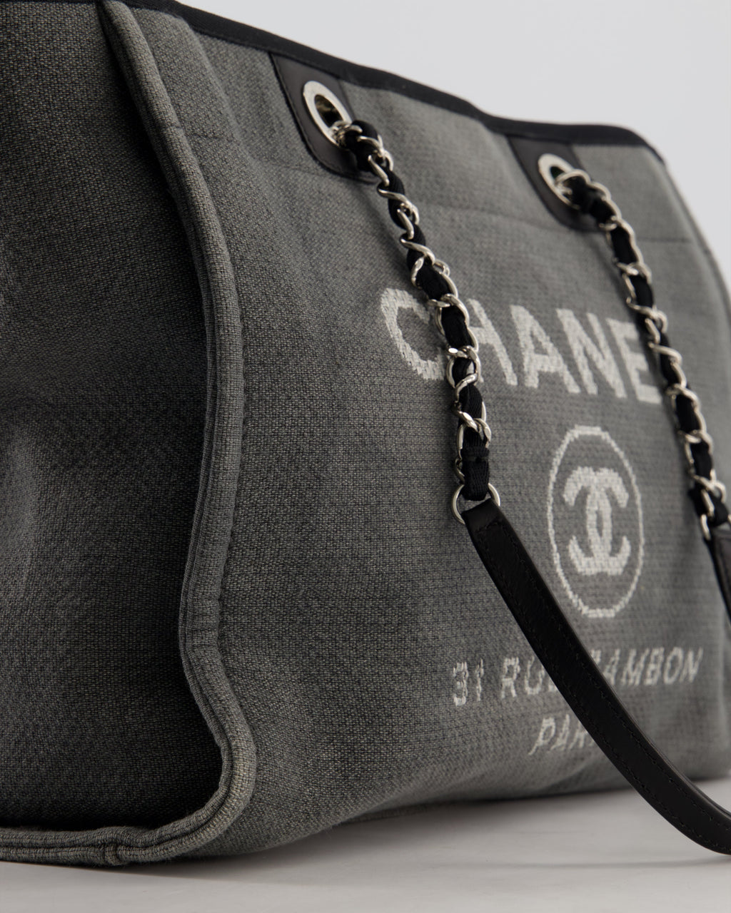Chanel Grey Black Small Canvas Deauville Tote Bag with Silver Hardware