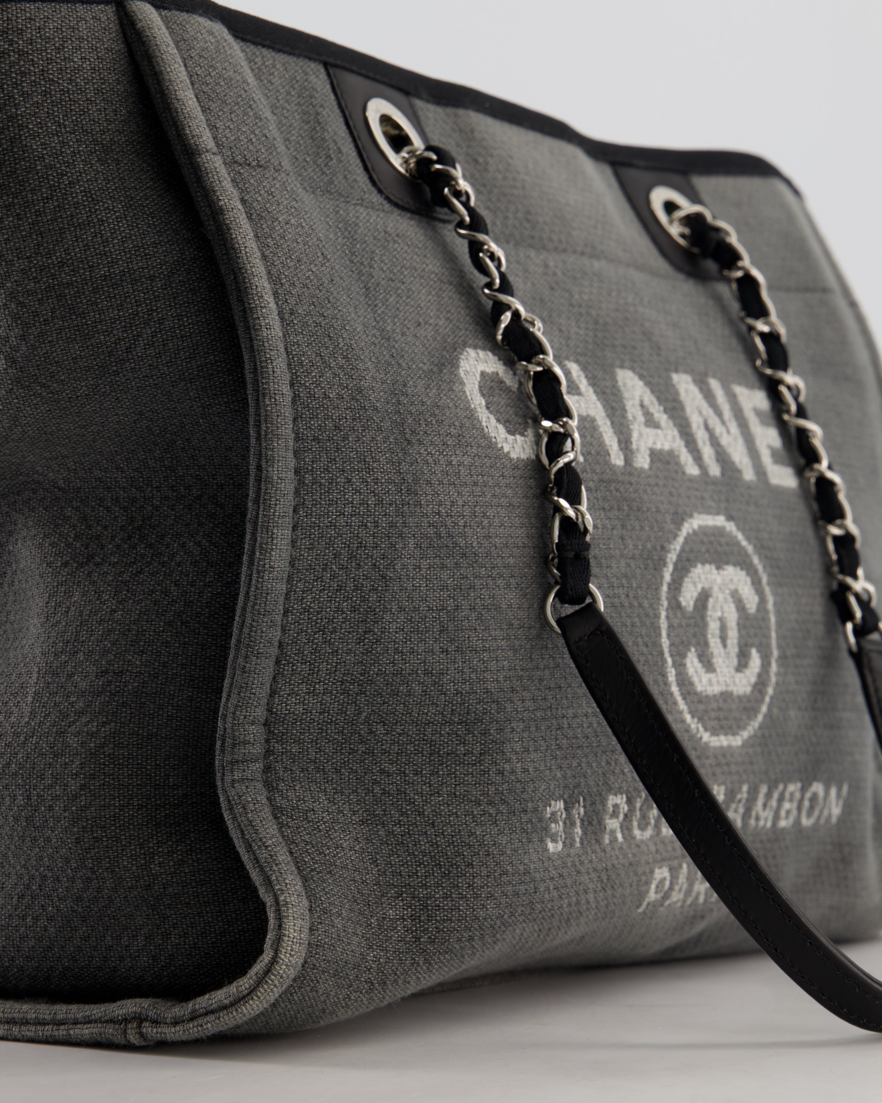 Chanel Grey Black Small Canvas Deauville Tote Bag with Silver Hardware