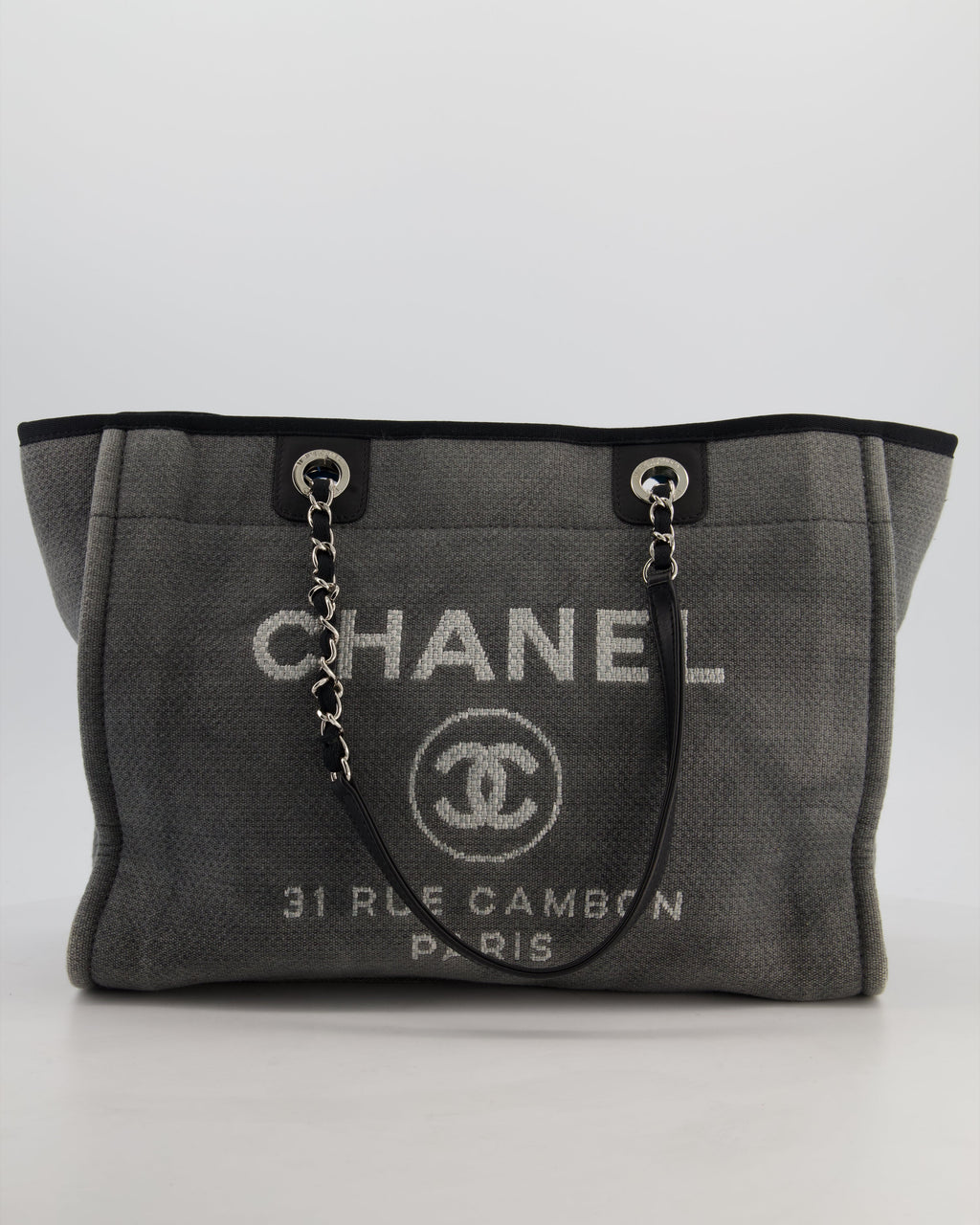 Chanel Grey Black Small Canvas Deauville Tote Bag with Silver Hardware