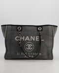 Chanel Grey Black Small Canvas Deauville Tote Bag with Silver Hardware