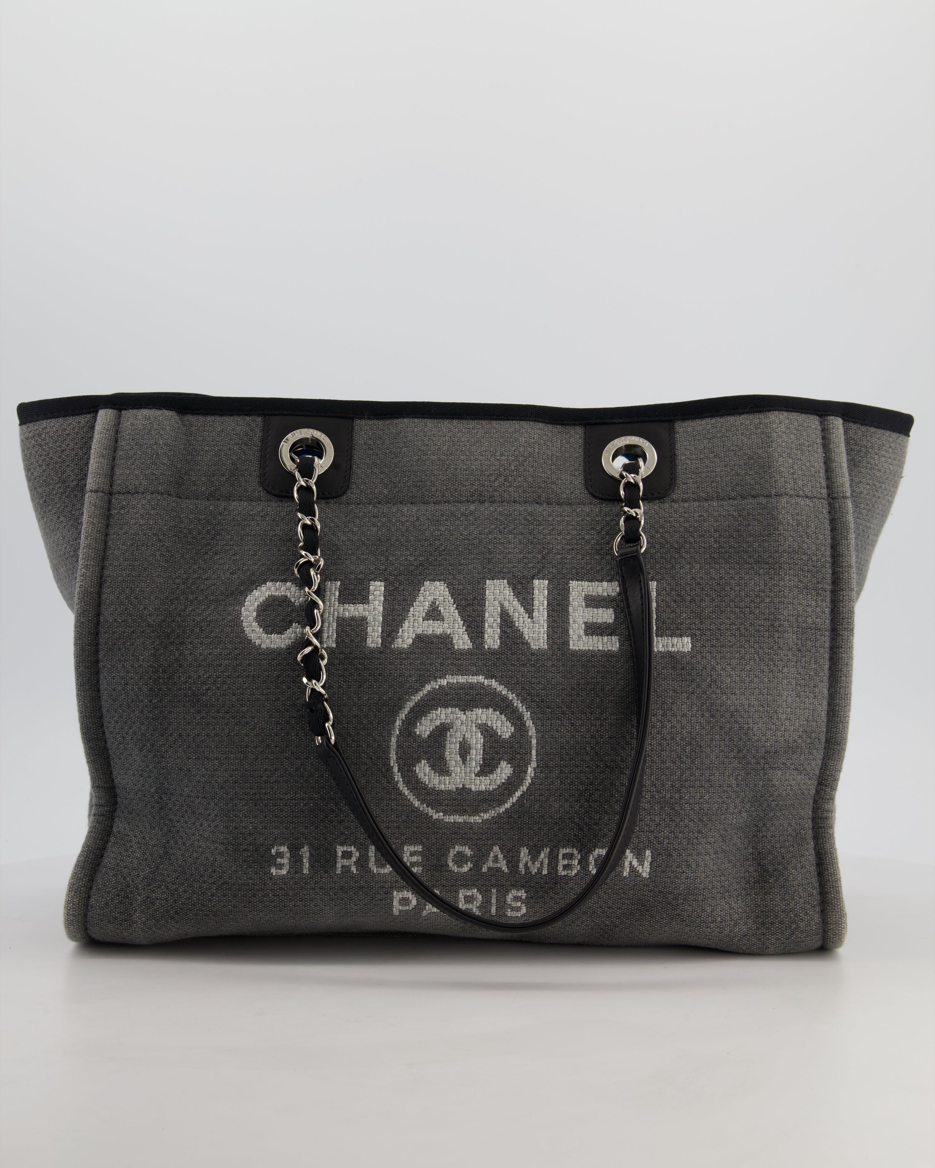 Chanel Grey Black Small Canvas Deauville Tote Bag with Silver Hardware