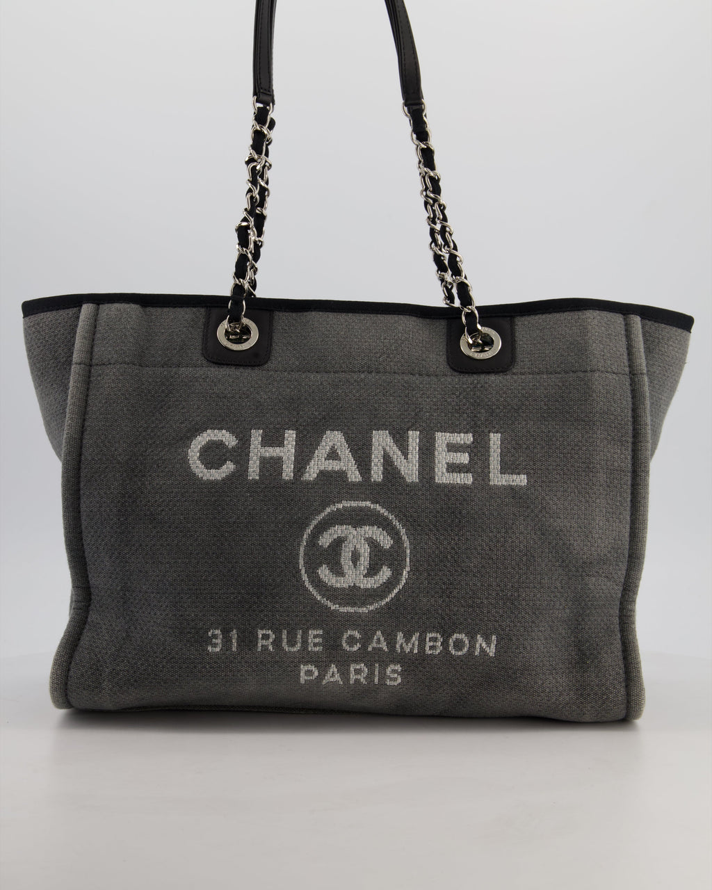 Chanel Grey Black Small Canvas Deauville Tote Bag with Silver Hardware