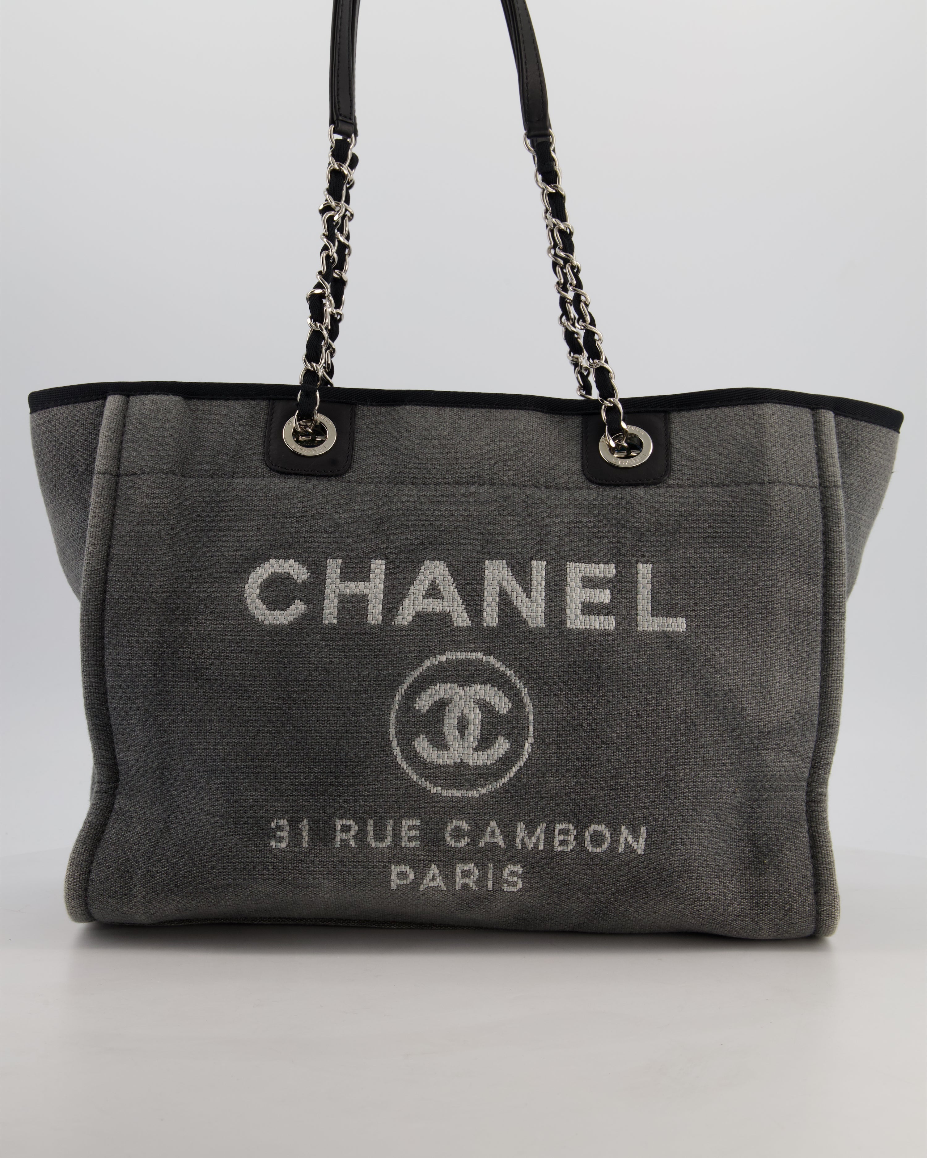 Chanel Grey Black Small Canvas Deauville Tote Bag with Silver Hardware