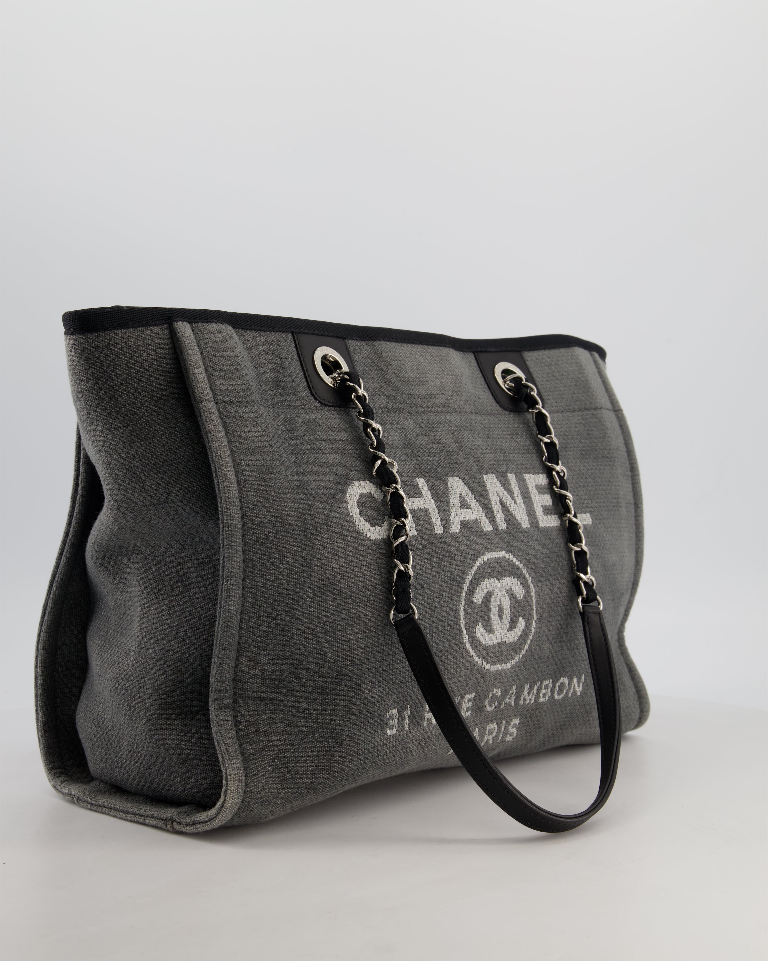Chanel Grey Black Small Canvas Deauville Tote Bag with Silver Hardware