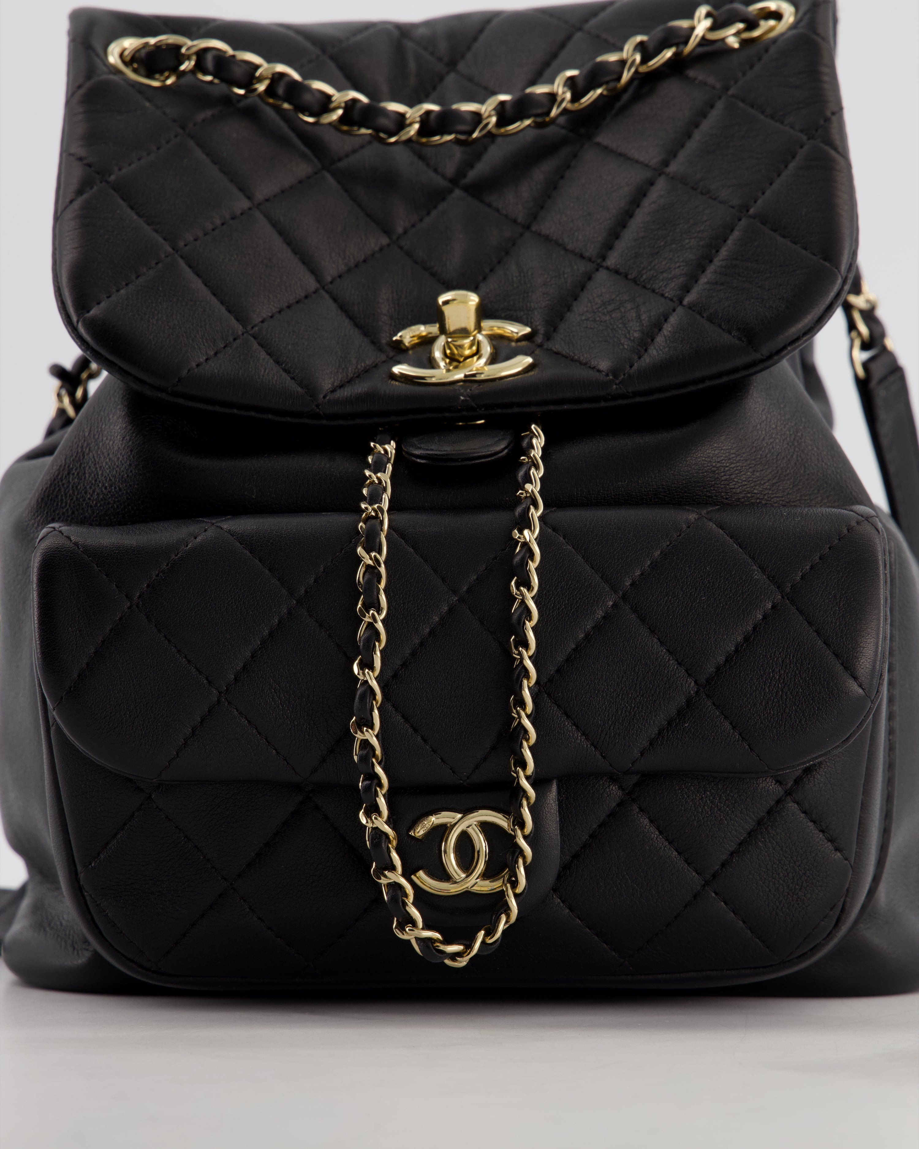 Chanel Black Calfskin Quilted Leather Backpack with Champagne Gold Hardware