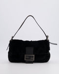 Fendi Vintage Black Rabbit Fur Baguette Shoulder Bag with Black Leather Details