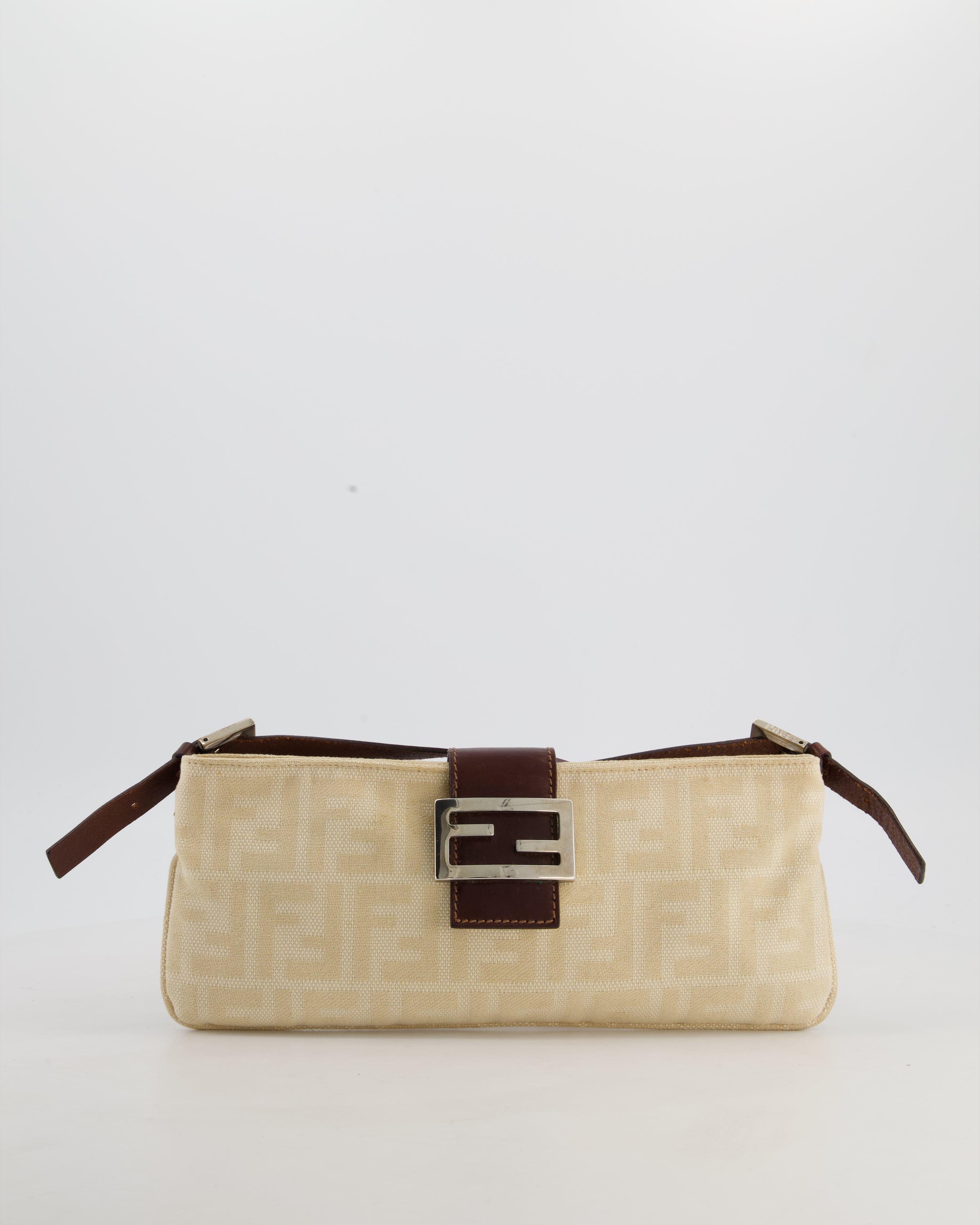 Fendi Vintage Cream Zucca Canvas Baguette Bag with Silver Hardware