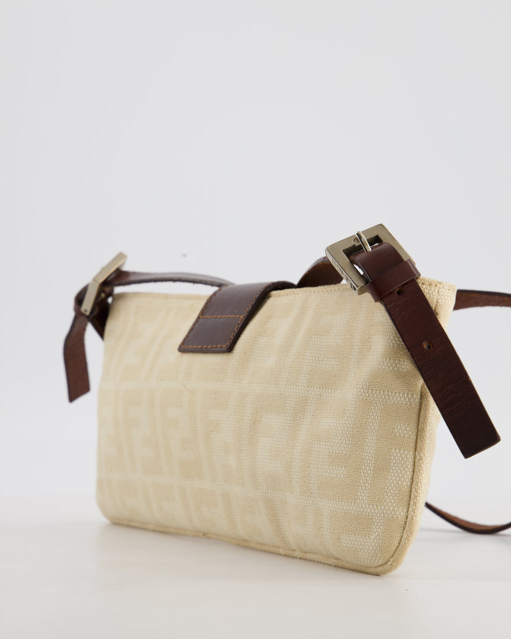 Fendi Vintage Cream Zucca Canvas Baguette Bag with Silver Hardware