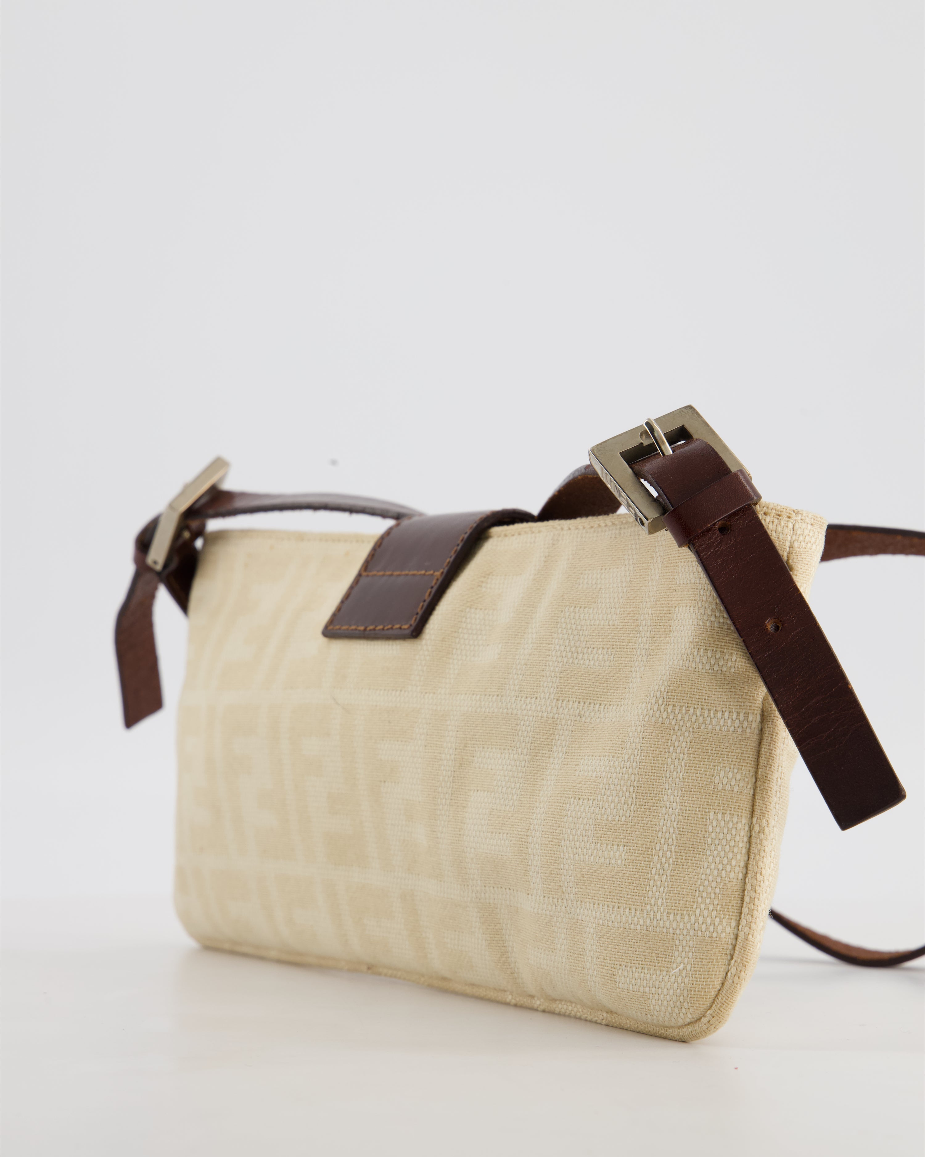 Fendi Vintage Cream Zucca Canvas Baguette Bag with Silver Hardware