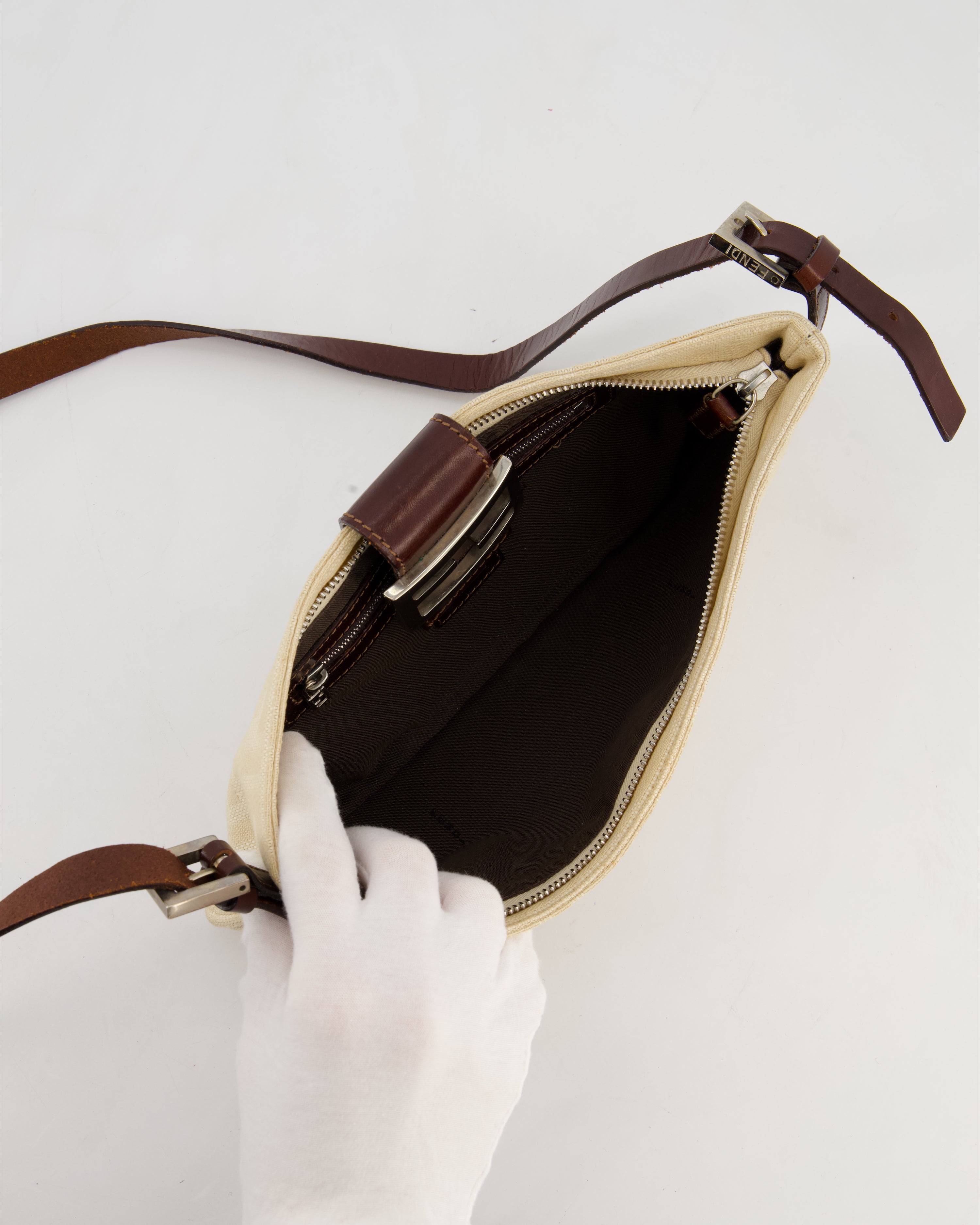 Fendi Vintage Cream Zucca Canvas Baguette Bag with Silver Hardware