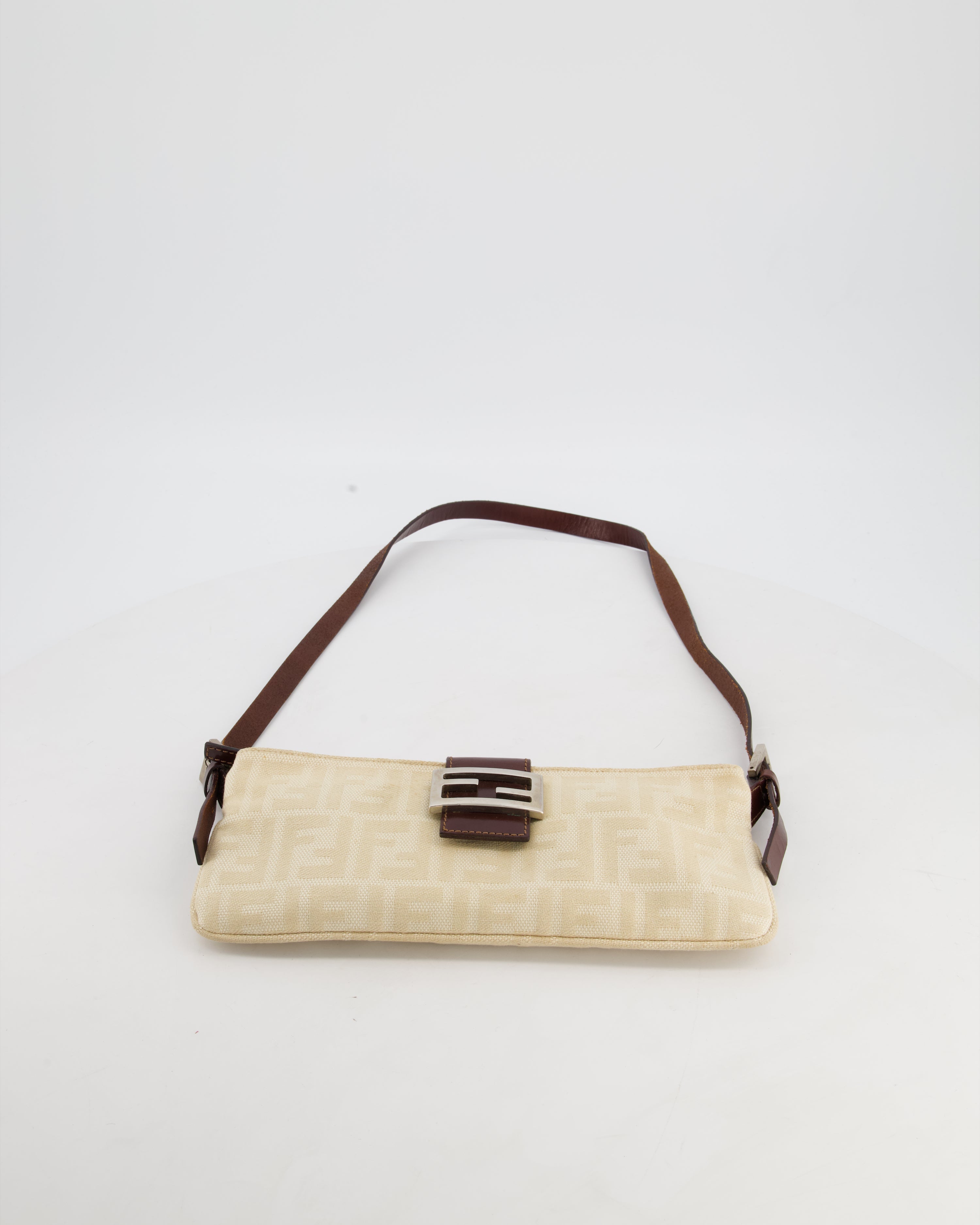 Fendi Vintage Cream Zucca Canvas Baguette Bag with Silver Hardware
