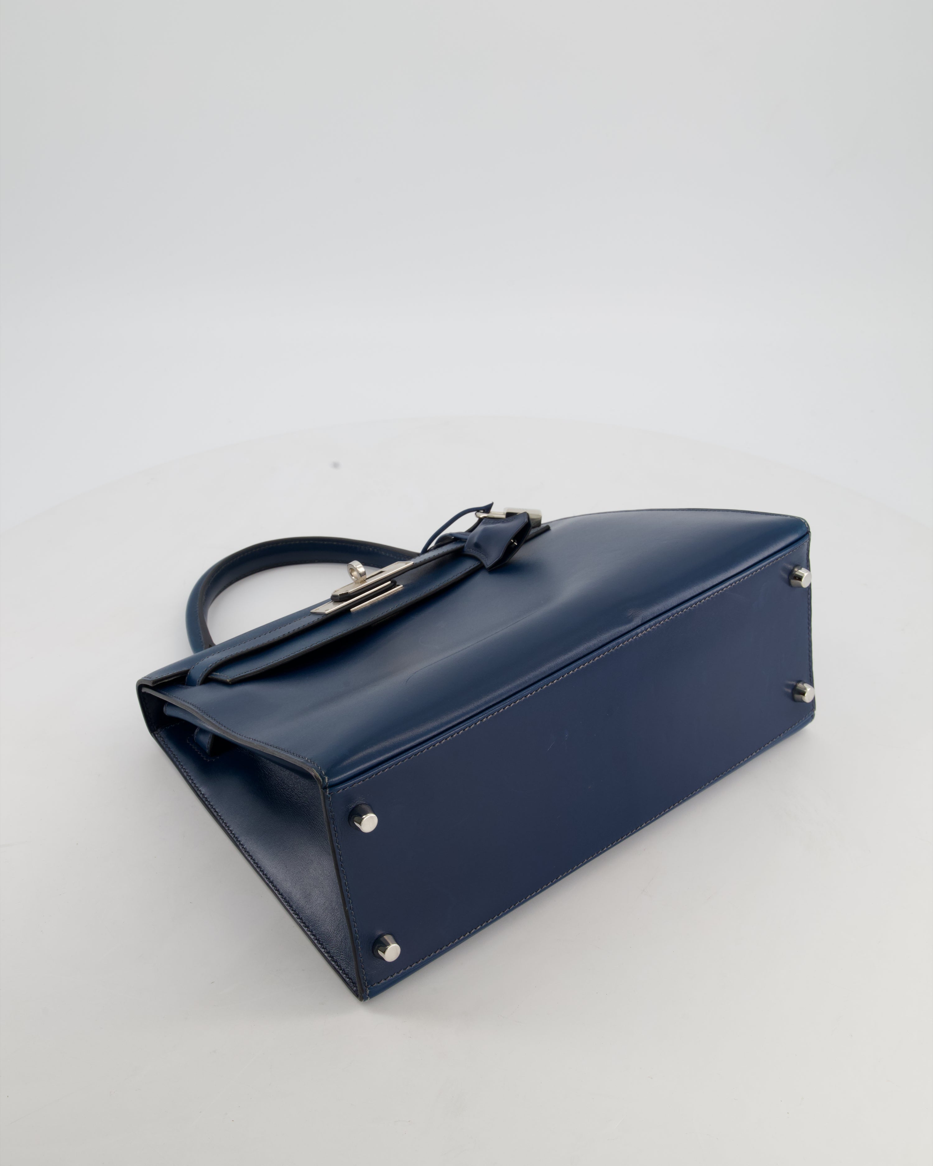 *VERY RARE* Hermès Kelly 28 Sellier Bag in Bleu De Prusse Box Calf Leather with Guilloche Palladium Hardware