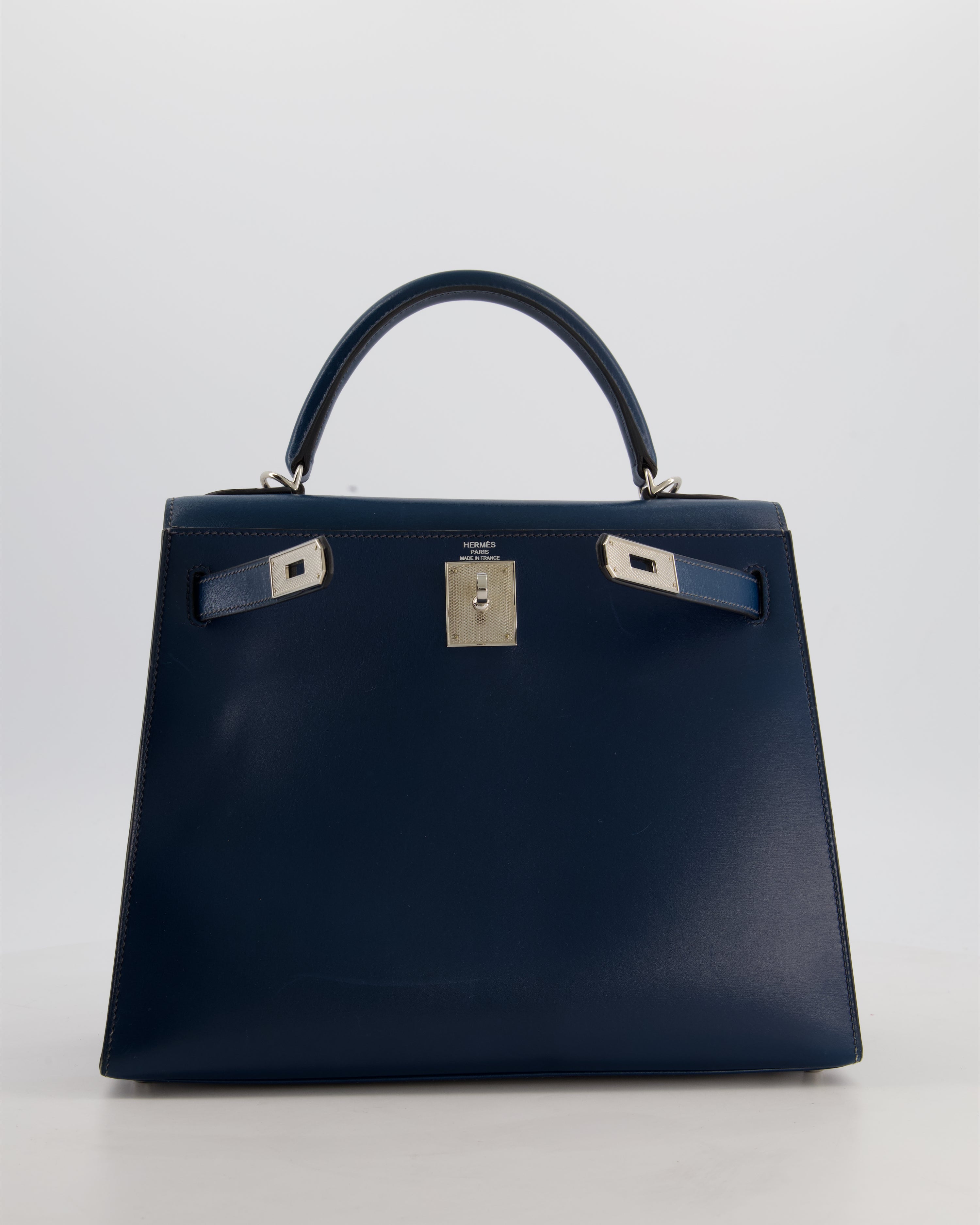 *VERY RARE* Hermès Kelly 28 Sellier Bag in Bleu De Prusse Box Calf Leather with Guilloche Palladium Hardware