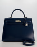 *VERY RARE* Hermès Kelly 35 Sellier Bag in Bleu De Prusse Box Calf Leather with Guilloche Palladium Hardware
