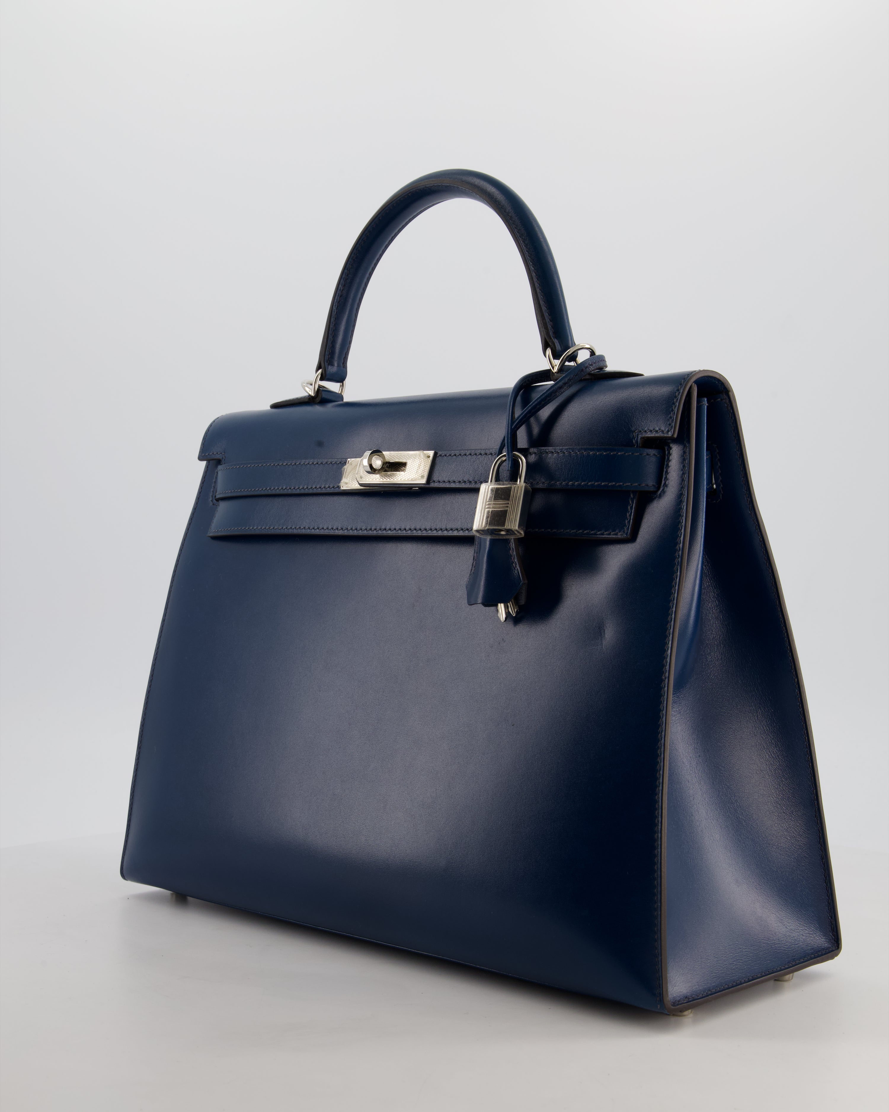 *VERY RARE* Hermès Kelly 35 Sellier Bag in Bleu De Prusse Box Calf Leather with Guilloche Palladium Hardware