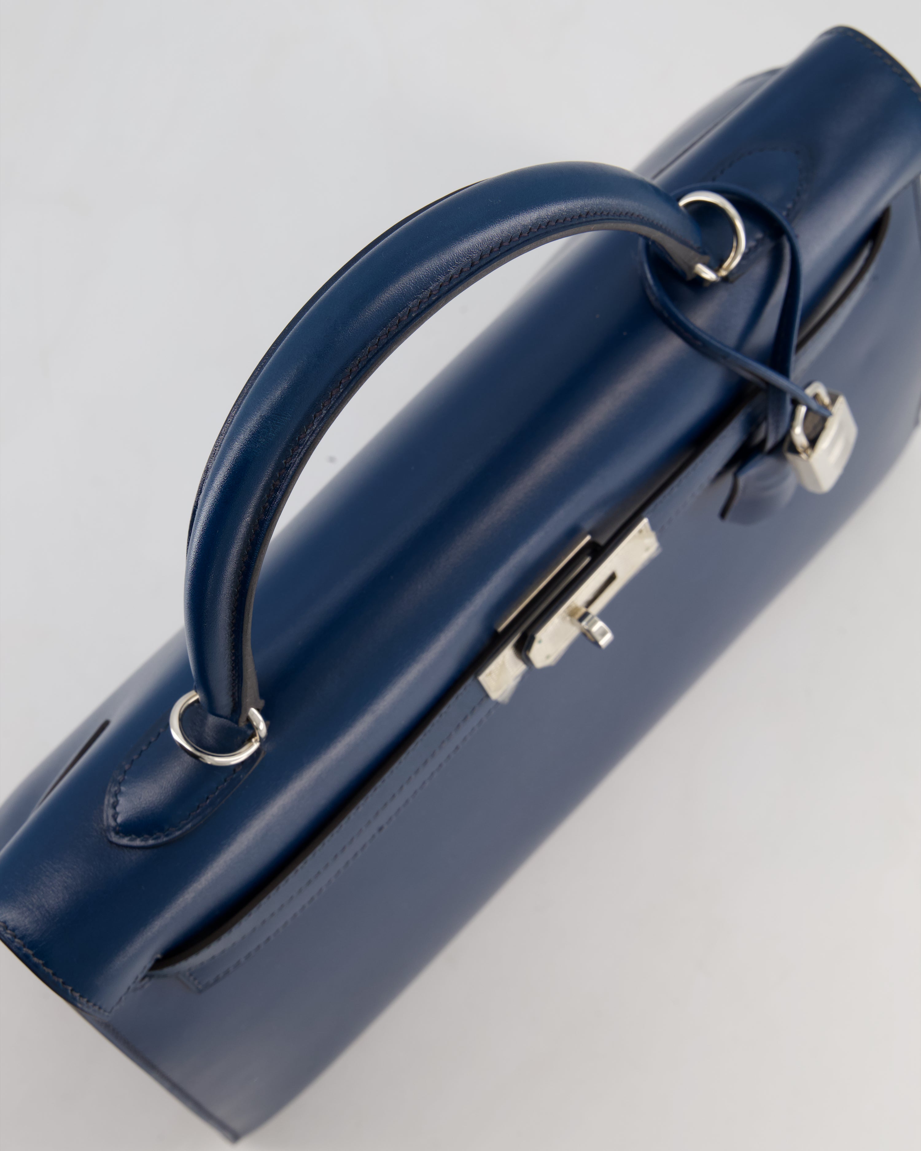 *VERY RARE* Hermès Kelly 35 Sellier Bag in Bleu De Prusse Box Calf Leather with Guilloche Palladium Hardware