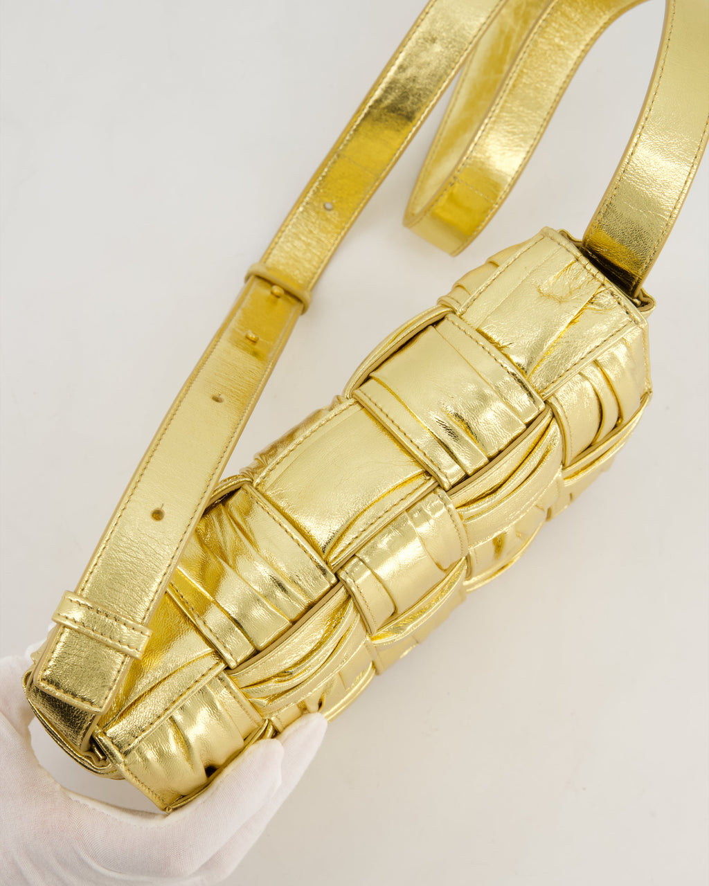 Bottega Veneta Cassette Padded Bag in Gold Metallic Calfskin Leather with Gold Hardware