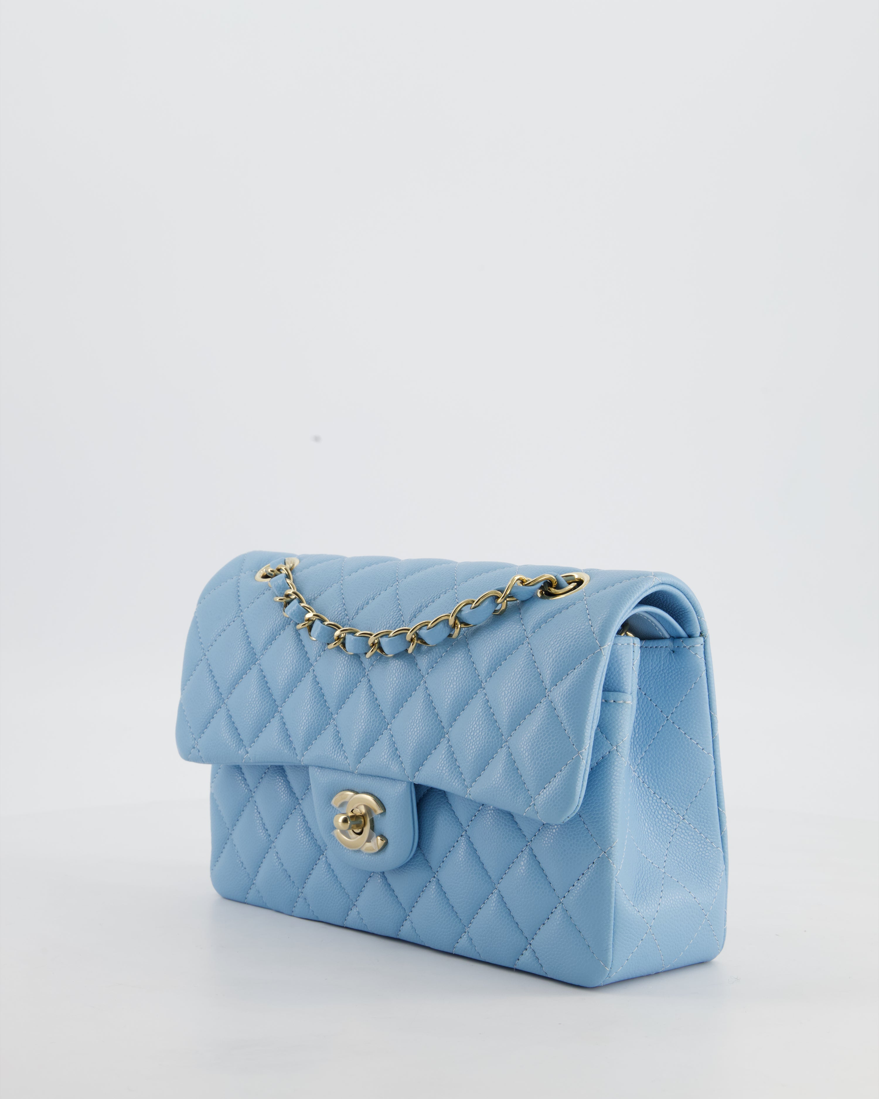 *HOT* Chanel Baby Blue Small Classic Double Flap Bag in Caviar Leather with Gold Hardware