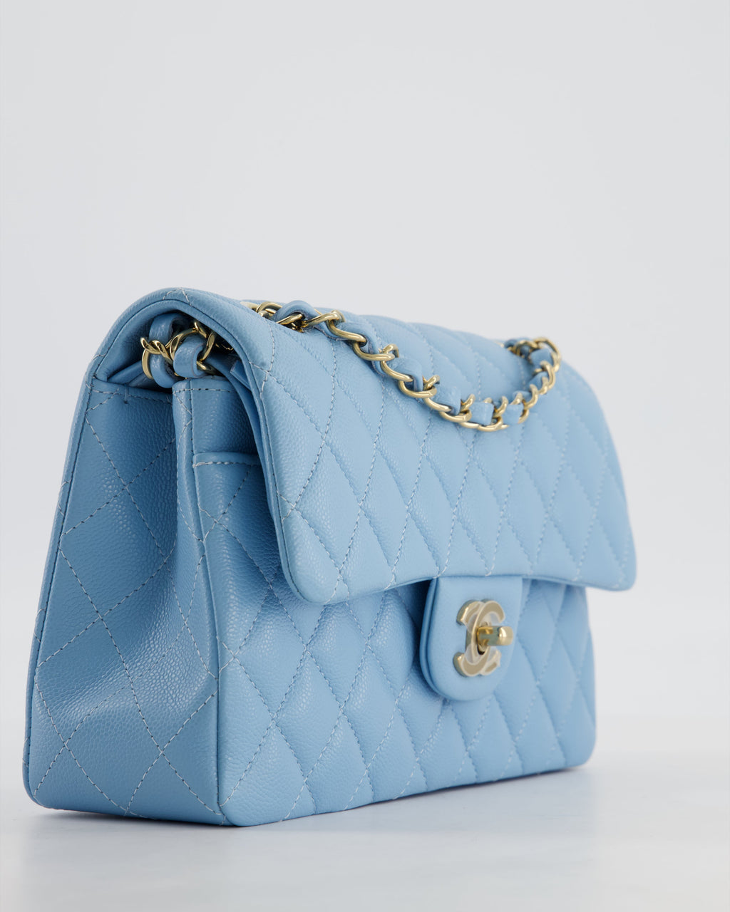 *HOT* Chanel Baby Blue Small Classic Double Flap Bag in Caviar Leather with Gold Hardware