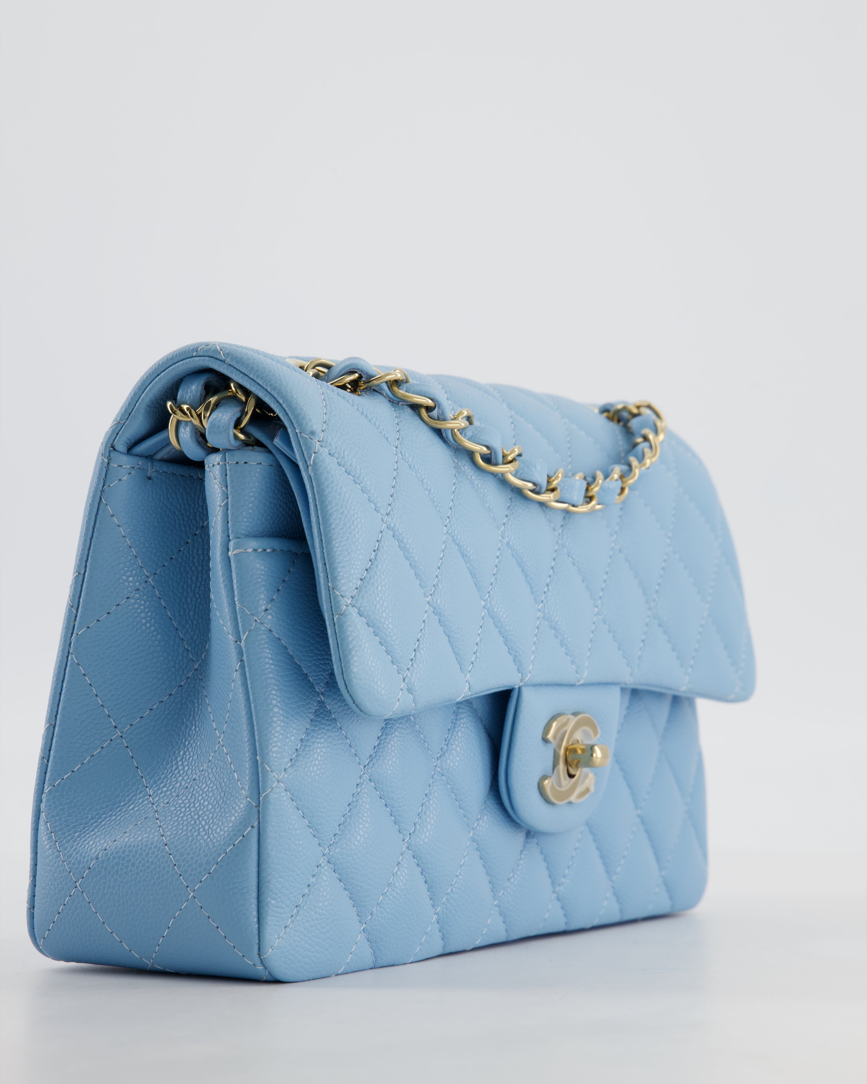 *HOT* Chanel Baby Blue Small Classic Double Flap Bag in Caviar Leather with Gold Hardware