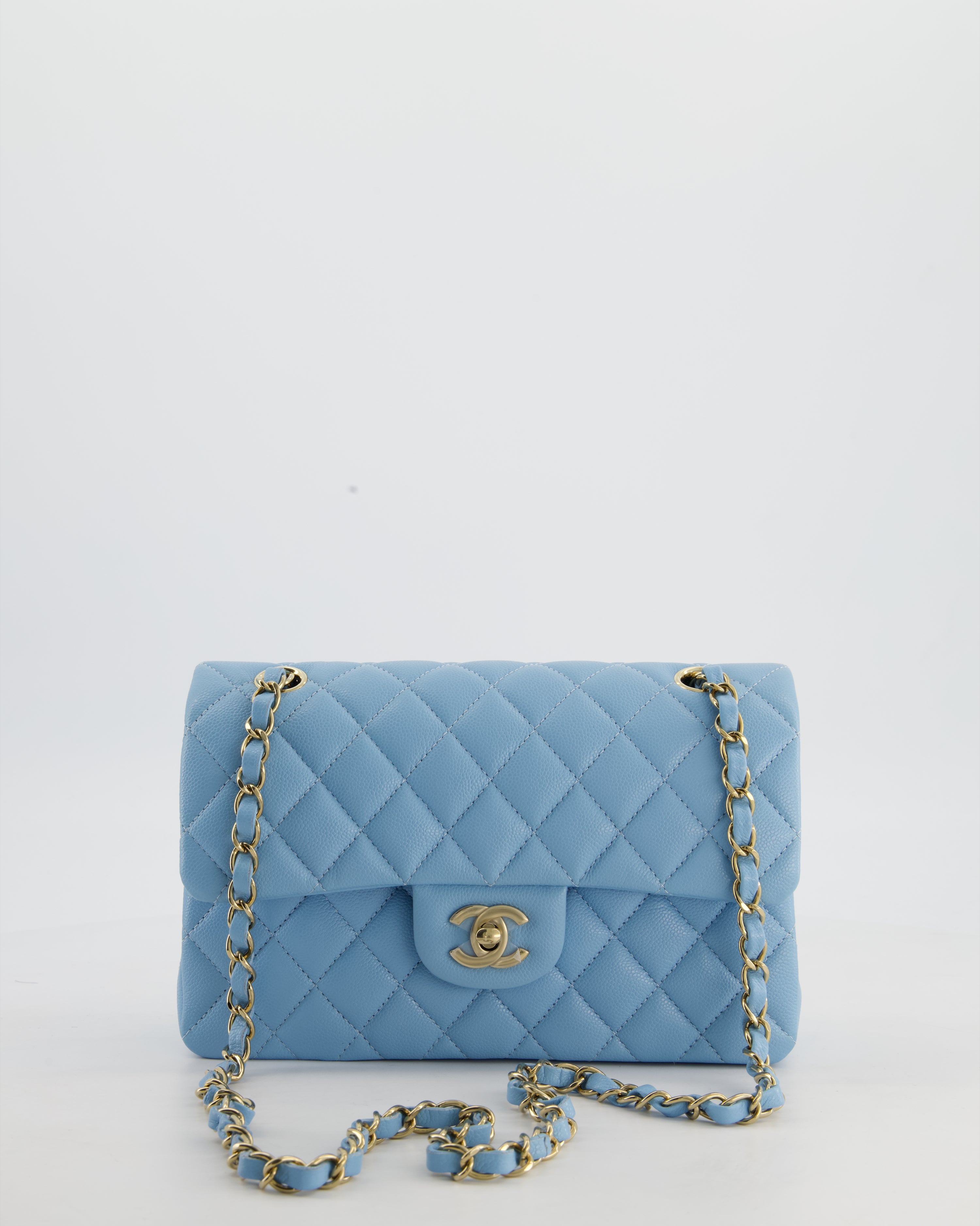 *HOT* Chanel Baby Blue Small Classic Double Flap Bag in Caviar Leather with Gold Hardware