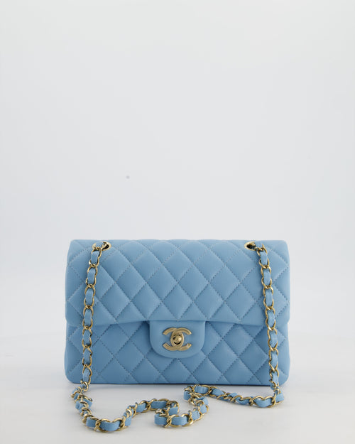 *HOT* Chanel Baby Blue Small Classic Double Flap Bag in Caviar Leather with Gold Hardware