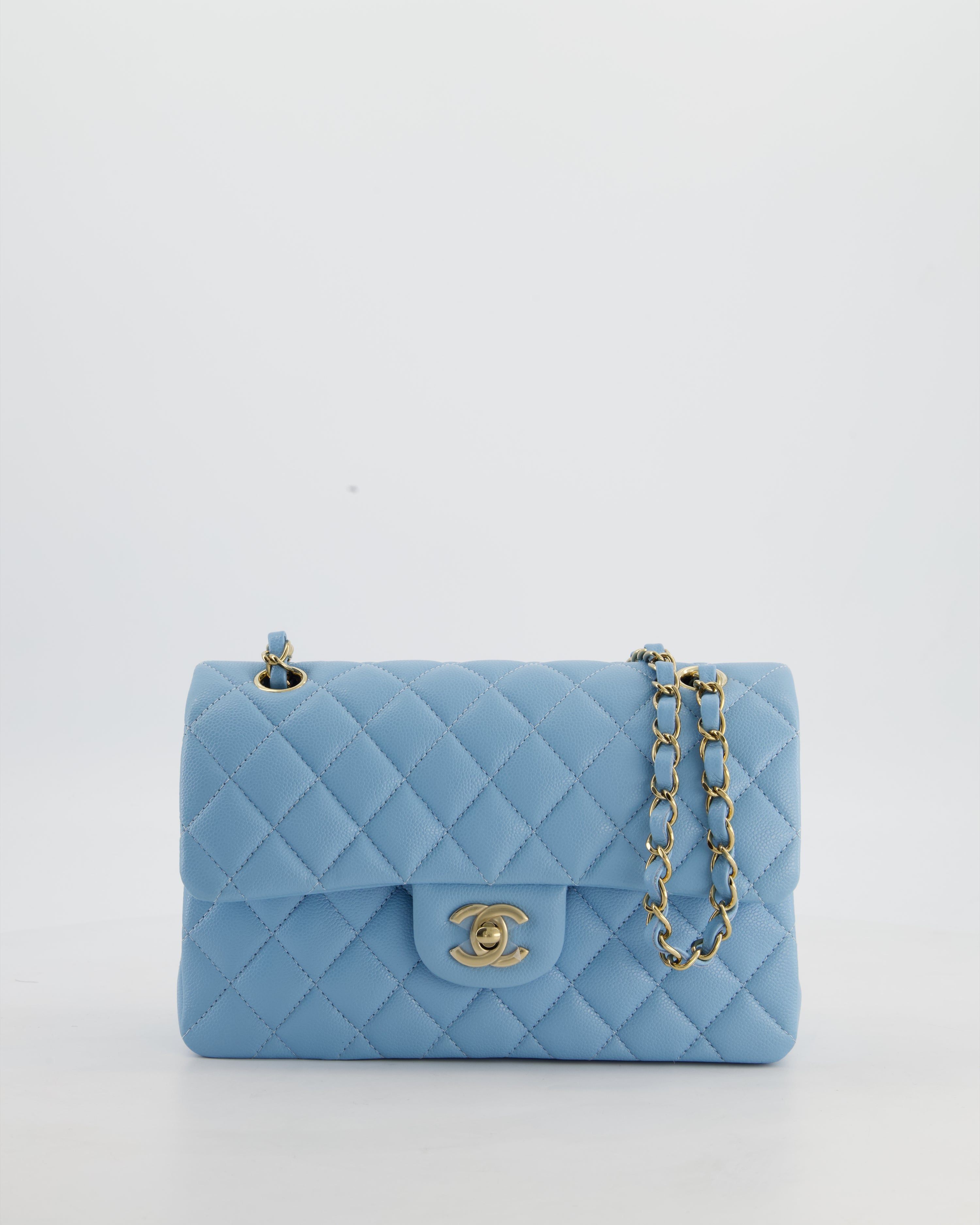 *HOT* Chanel Baby Blue Small Classic Double Flap Bag in Caviar Leather with Gold Hardware